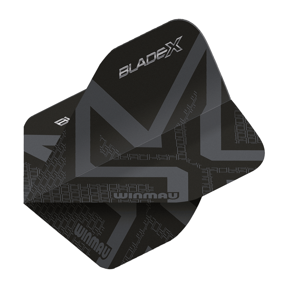 Winmau Prism Delta Blade X Metallic Black No2 Standard Flights wird gezeigt. Ein Dartflugblatt in metallischem Schwarz, Standardgröße Nummer 2.