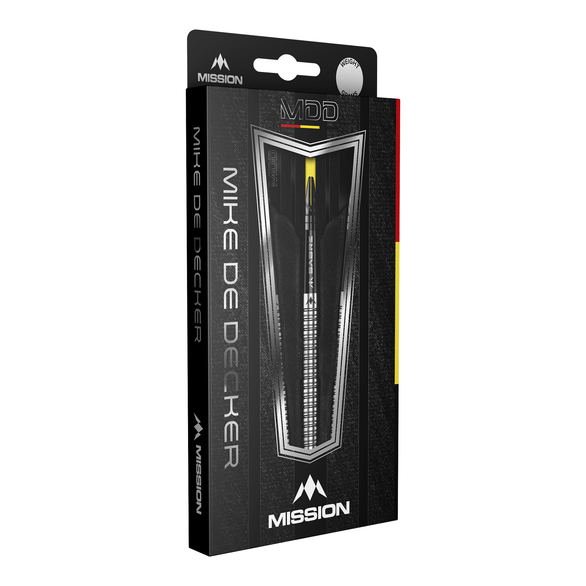 Mission Mike De Decker MDD Silver Steel Darts Die Abbildung zeigt die Verpackung der "Mission Mike De Decker MDD Silver Steeldarts". Auf der Schachtel sind der Markenname Mission und der Name Mike De Decker deutlich zu erkennen.