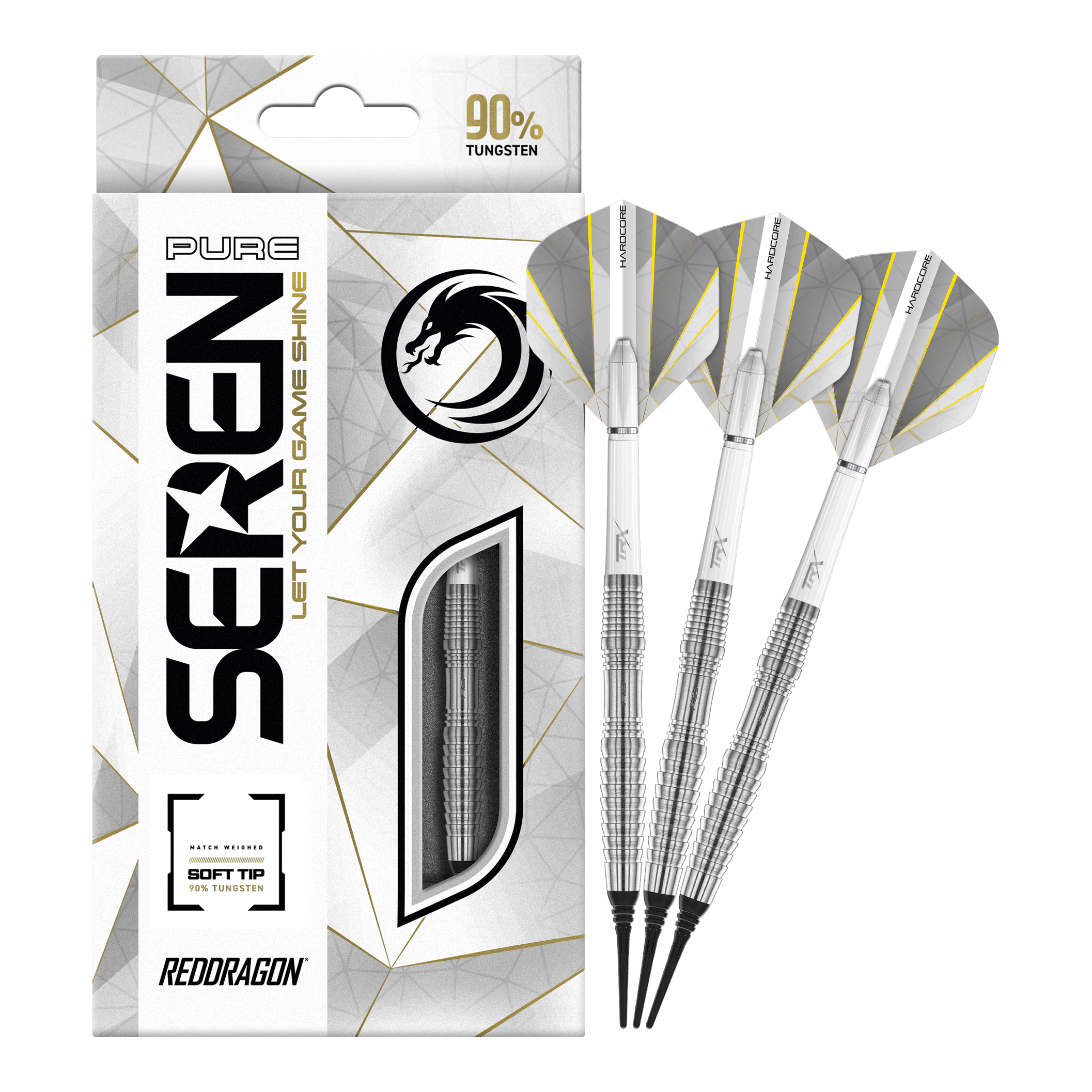 Red Dragon Seren 3 Pure Softdarts - 20g Das Bild zeigt die Red Dragon Seren 3 Pure Softdarts mit 20g Gewicht. Die Verpackung hebt hervor, dass die Darts zu 90% aus Tungsten bestehen.