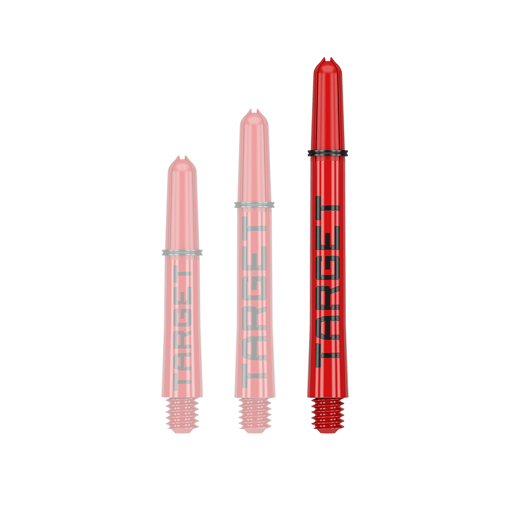 Target Pro Grip TAG Shafts - 3 Sets - Red Auf dem Bild sind drei rote Dart-Schäfte in unterschiedlichen Längen zu sehen. Auf jedem Schaft steht das Wort "TARGET" in schwarzen Buchstaben.