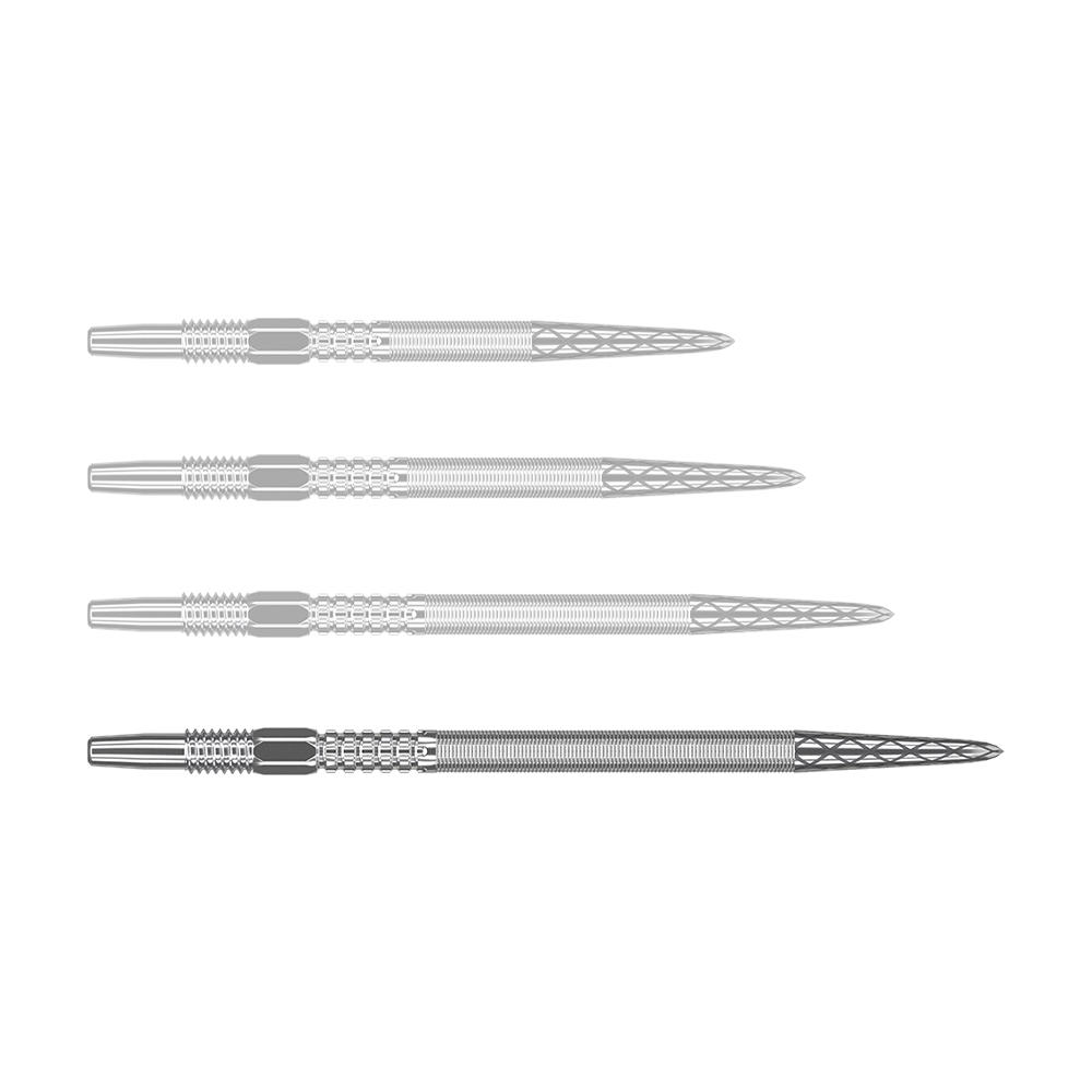 Target Swiss Point DX dart tips - Silver Auf dem Bild sind vier silberne Dartspitzen in einer Reihe zu sehen. Die Spitzen haben ein geriffeltes Muster und eine spitz zulaufende Form.