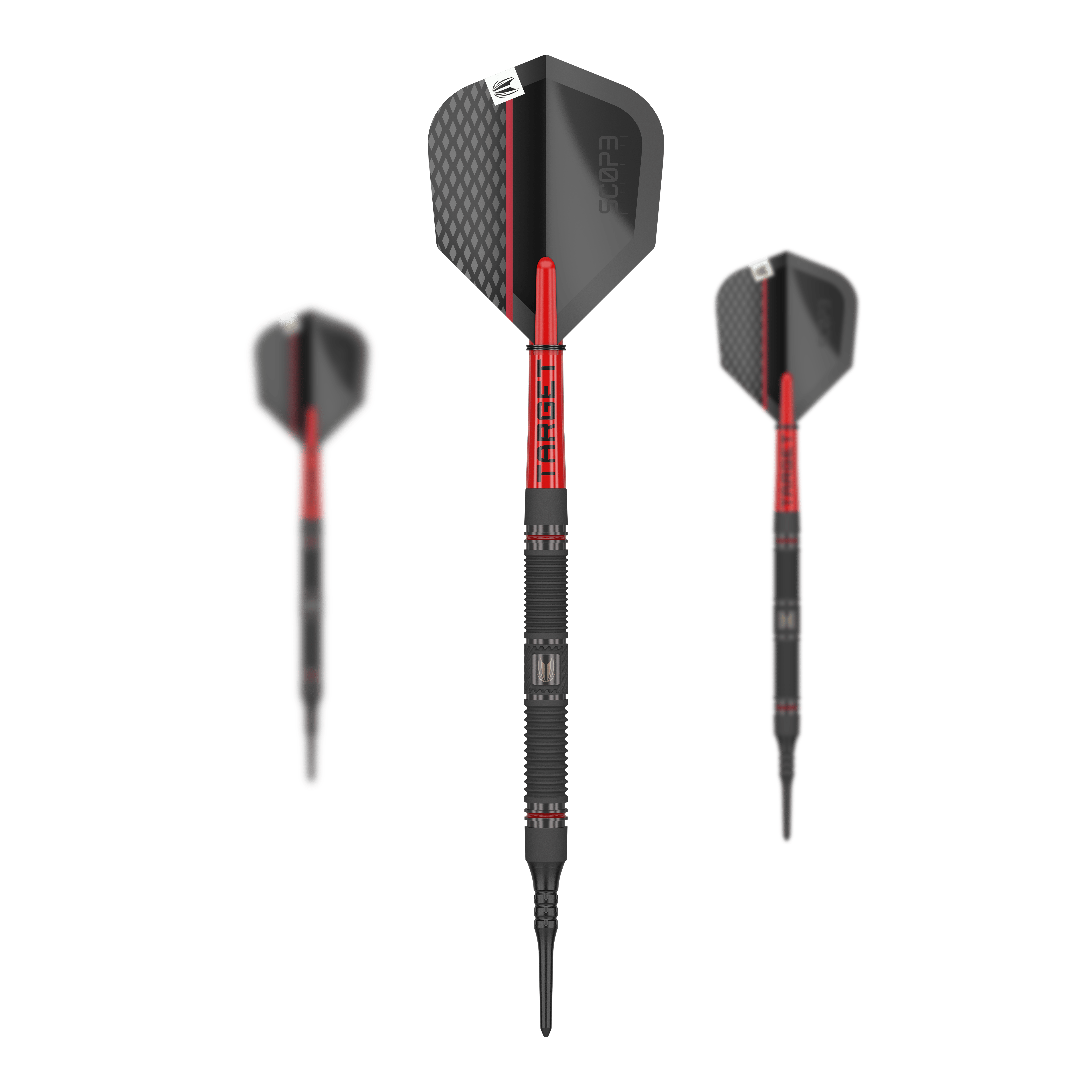 Target Scope 10 Soft Darts Das Bild zeigt drei Softdarts des Produkts „Target Scope 10“. Die Darts sind überwiegend schwarz mit roten Akzenten und haben ein modernes Design.