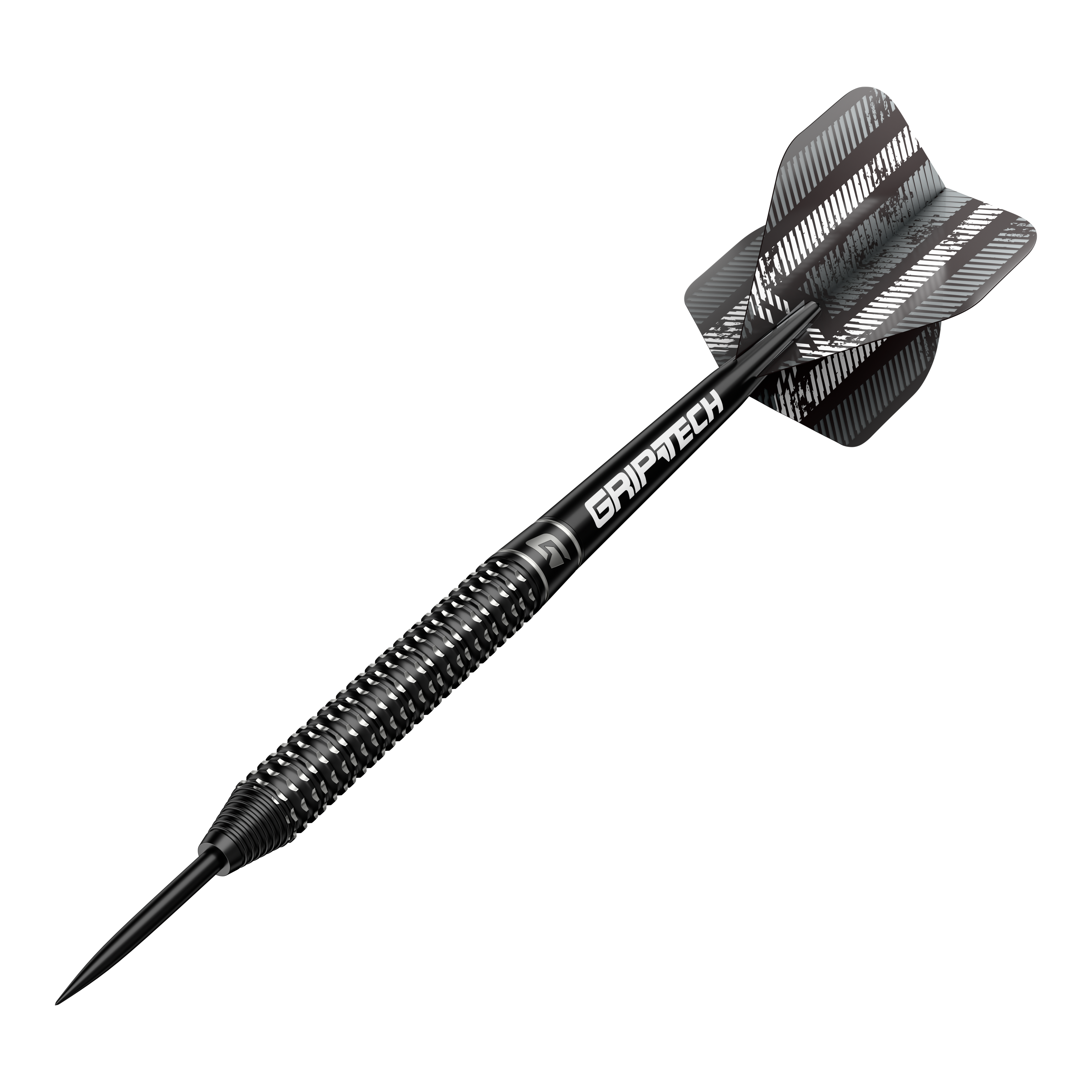 GOAT Sprocket Tungsten Steel Darts Das Bild zeigt einen GOAT Sprocket Tungsten Steeldart. Der Dartpfeil hat ein schwarz-silbernes Design mit der Aufschrift "GRIPTECH" auf dem Schaft.