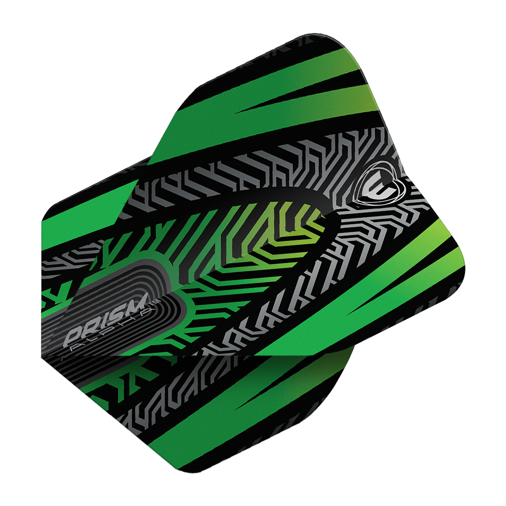 Winmau Prism Alpha Black Green No. 2 Standard Flights Mehrere Winmau Prism Alpha Schwarz No2 Standard Flights sind angeordnet. Der Artikel hat eine klassische Form.