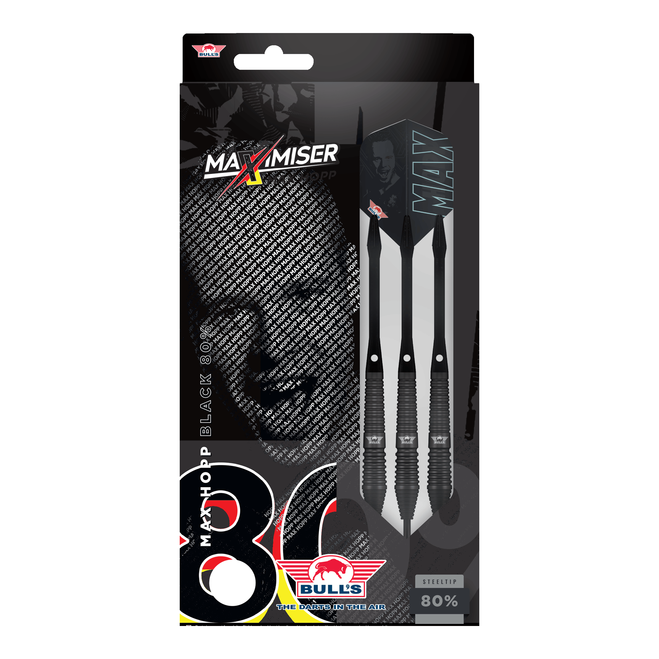 Bulls NL Max Hopp Black Steel Darts Auf dem Bild sind Bulls NL Max Hopp Black Steeldarts zu erkennen. Die Darts werden einzeln und detailliert gezeigt.