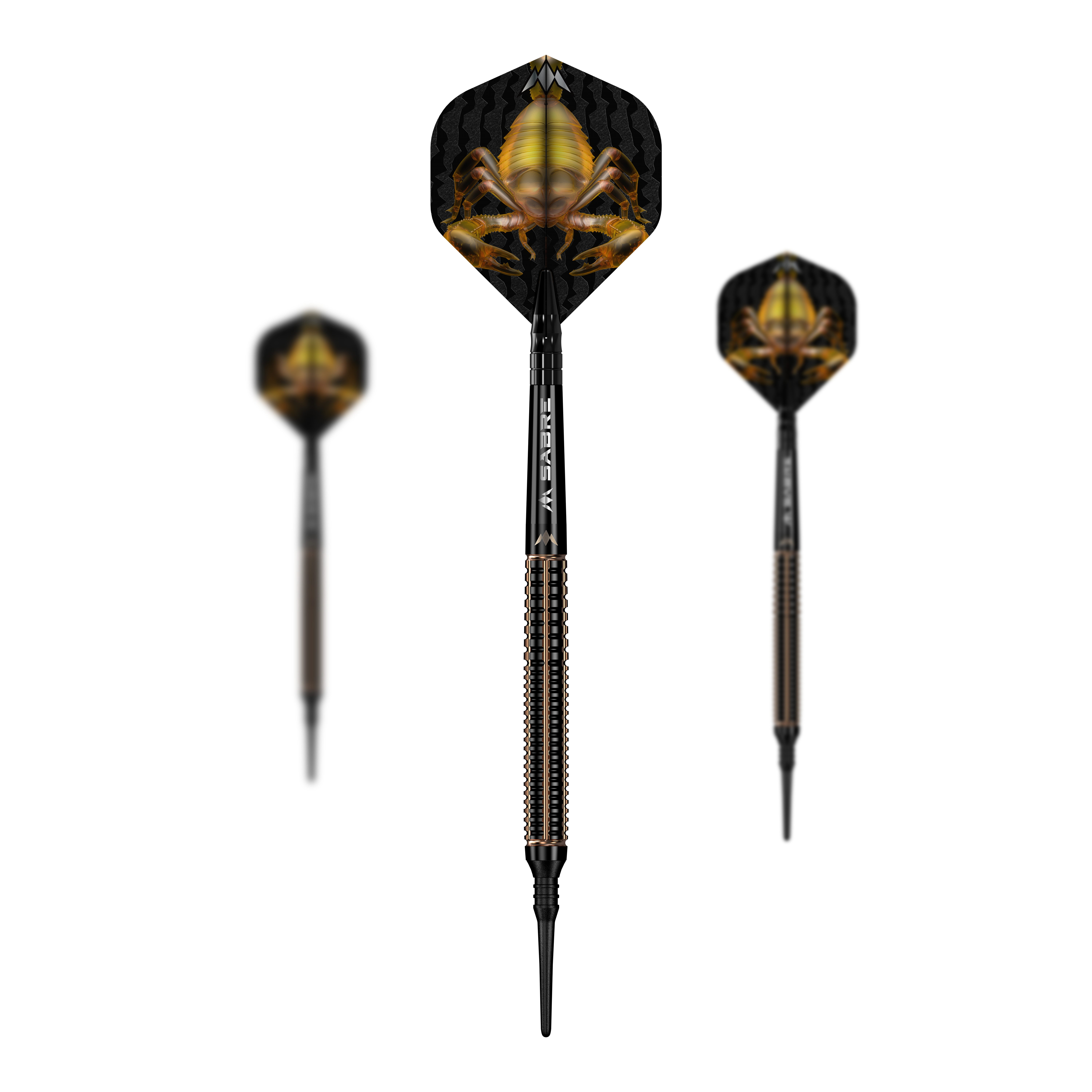 Mission Scorpion soft darts - 19g Das Bild zeigt drei Softdarts des Produkts "Mission Scorpion Softdarts - 19g". Die Flights der Darts sind schwarz mit einem auffälligen gelben Skorpion-Motiv gestaltet.
