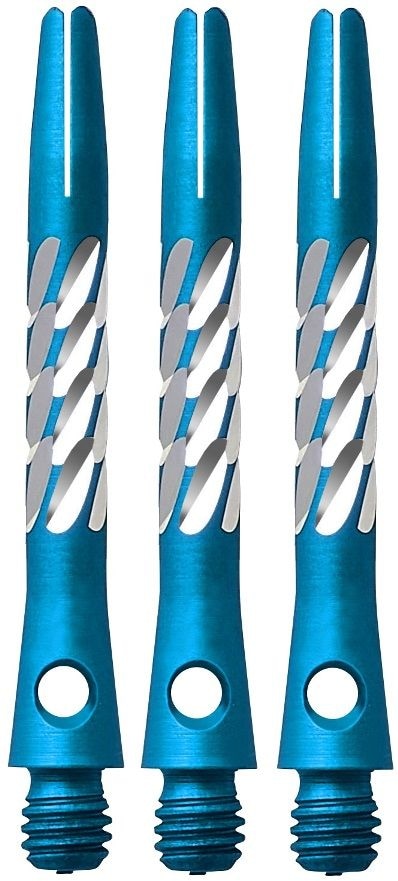 78991-Unicorn-Premier-Shaft-Blue-Short Das Bild zeigt drei blaue Aluminium Dartschäfte der Marke Unicorn Premier. Sie haben ein silbernes Rillenmuster und ein Loch am unteren Ende.
