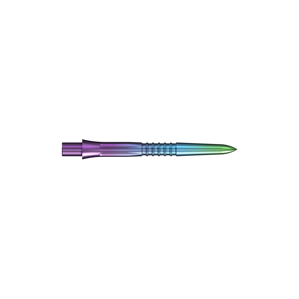Mission Caliburn EVO dart tips GV1 - Rainbow Eine bunte Steeldartspitze mit Rainbow-Finish wird dargestellt. Die Spitze ist schlank und schimmert in mehreren Farben.