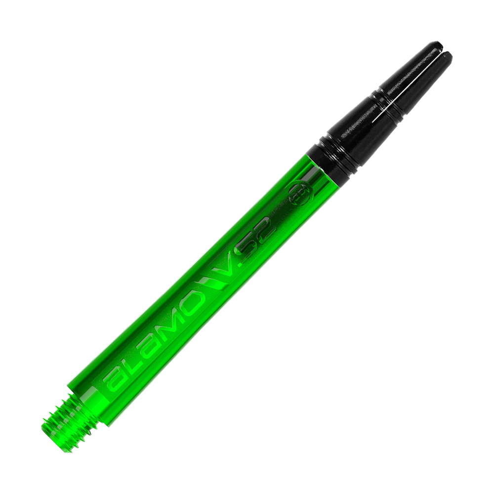 Harrows Alamo VS2 Shafts - Green Dies ist ein grüner Dart-Schaft mit der Aufschrift "ALAMO VS2". Er hat ein schwarzes Gewindeende und misst 46 mm.