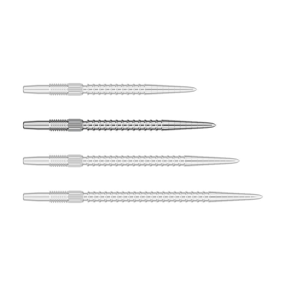 Das Bild zeigt vier silberne Dartspitzen in einer Reihe. Die Spitzen sind aus Metall und haben ein geriffeltes Muster.