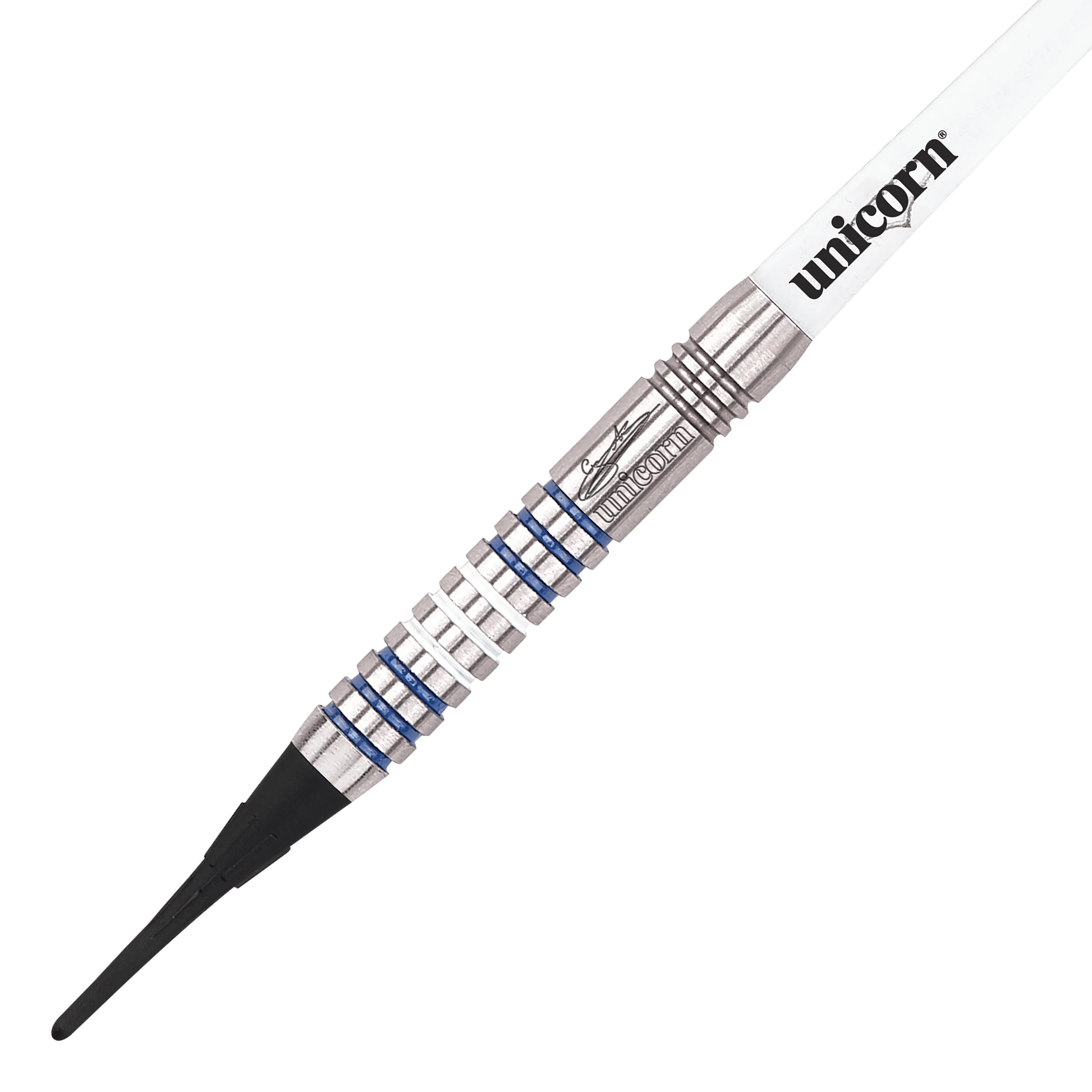 Unicorn Silver Star Var.3 Gary Anderson soft darts Das Bild zeigt die Unicorn Silver Star Version 3 Gary Anderson Softdarts. Drei silberne Dartpfeile liegen nebeneinander auf weißem Hintergrund.