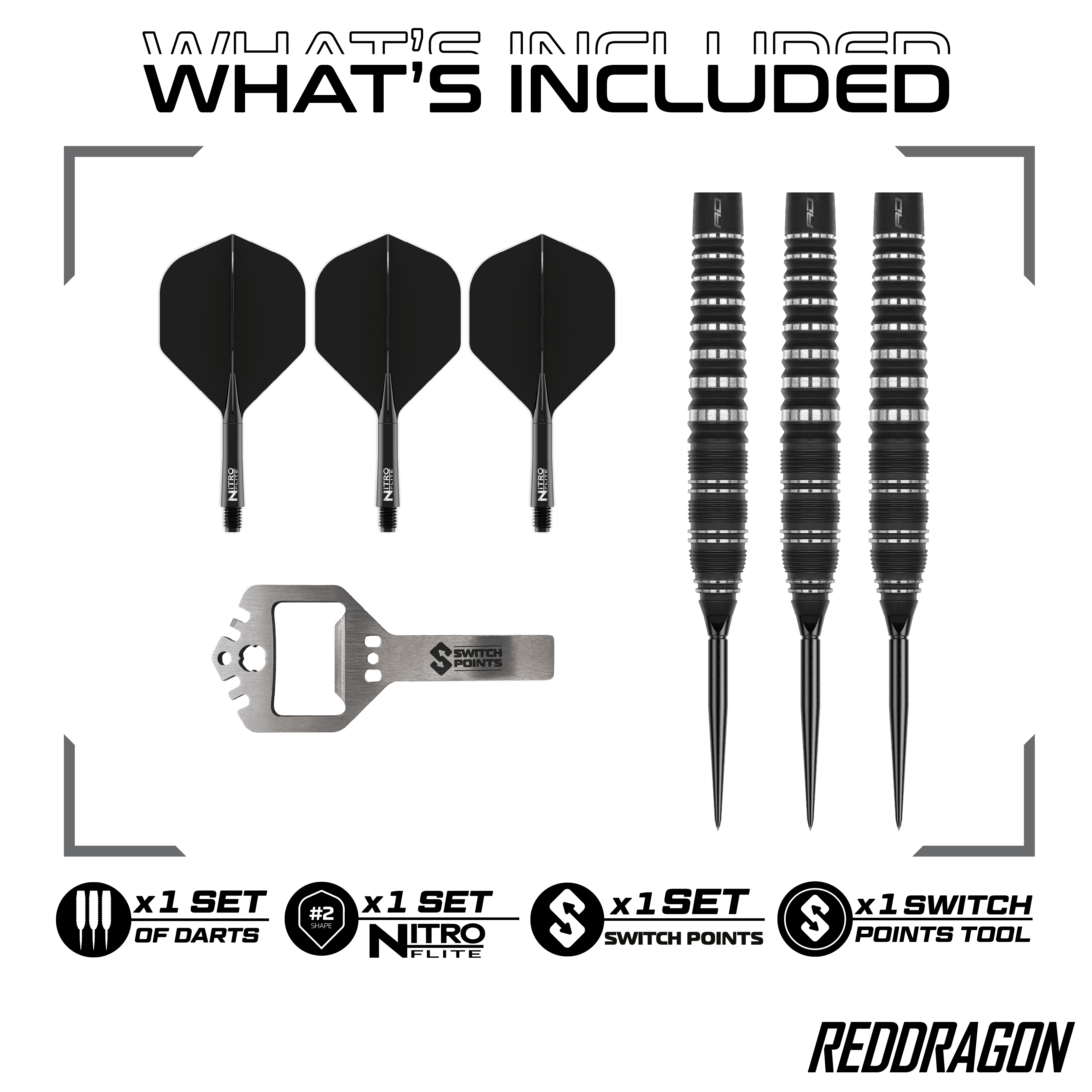 Red Dragon Sable Torpedo Switch Point Steel Darts Hier sind Red Dragon Sable Torpedo Switch Point Steeldarts zu sehen. Diese Darts zeichnen sich durch ihre Torpedo-Form aus.