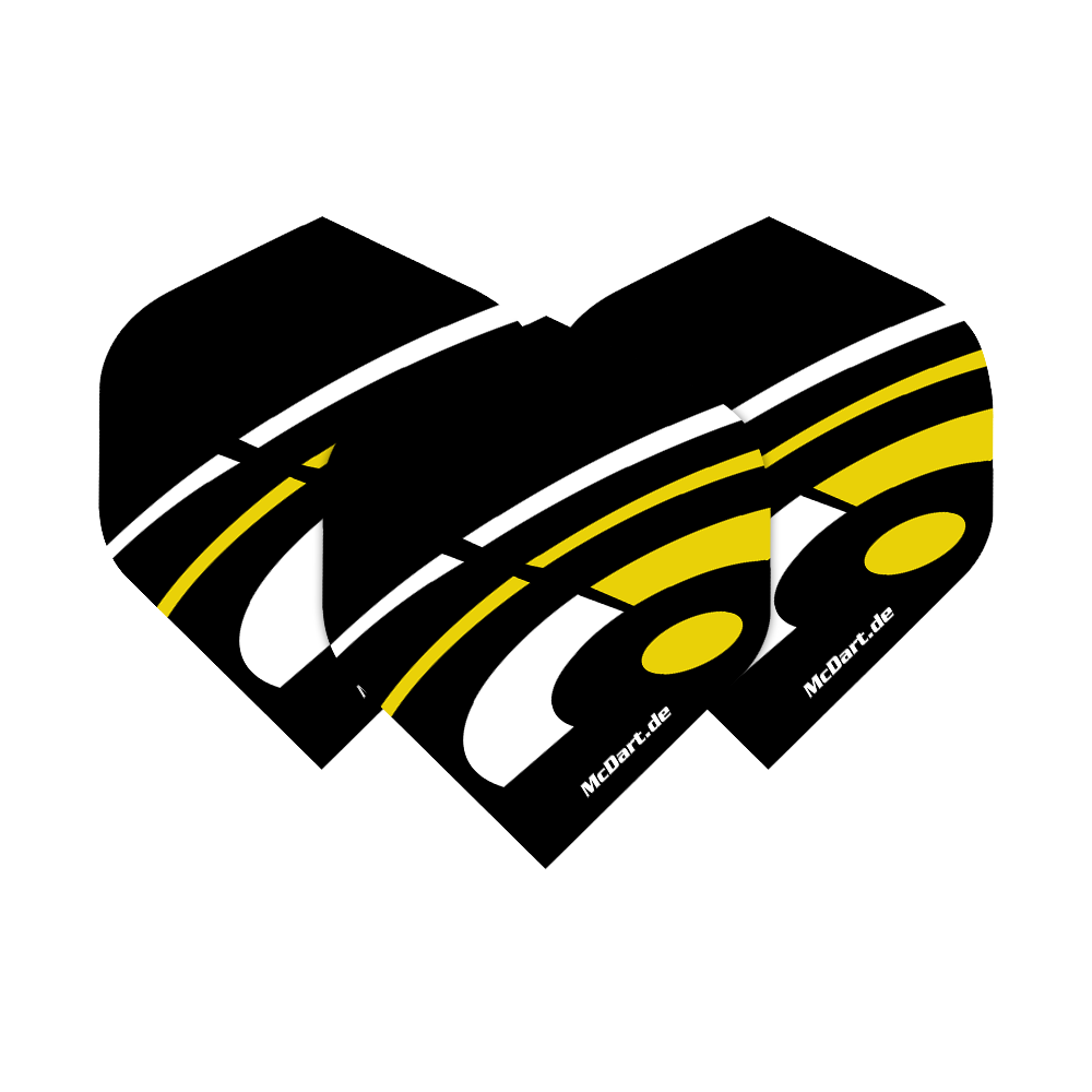 McDart ID Standard Flights - Yellow Das Bild zeigt drei McDart ID Standard Flights in der Farbe Gelb. Die Flights haben ein schwarzes Design mit weißen und gelben Akzenten sowie dem Schriftzug "McDart.de".