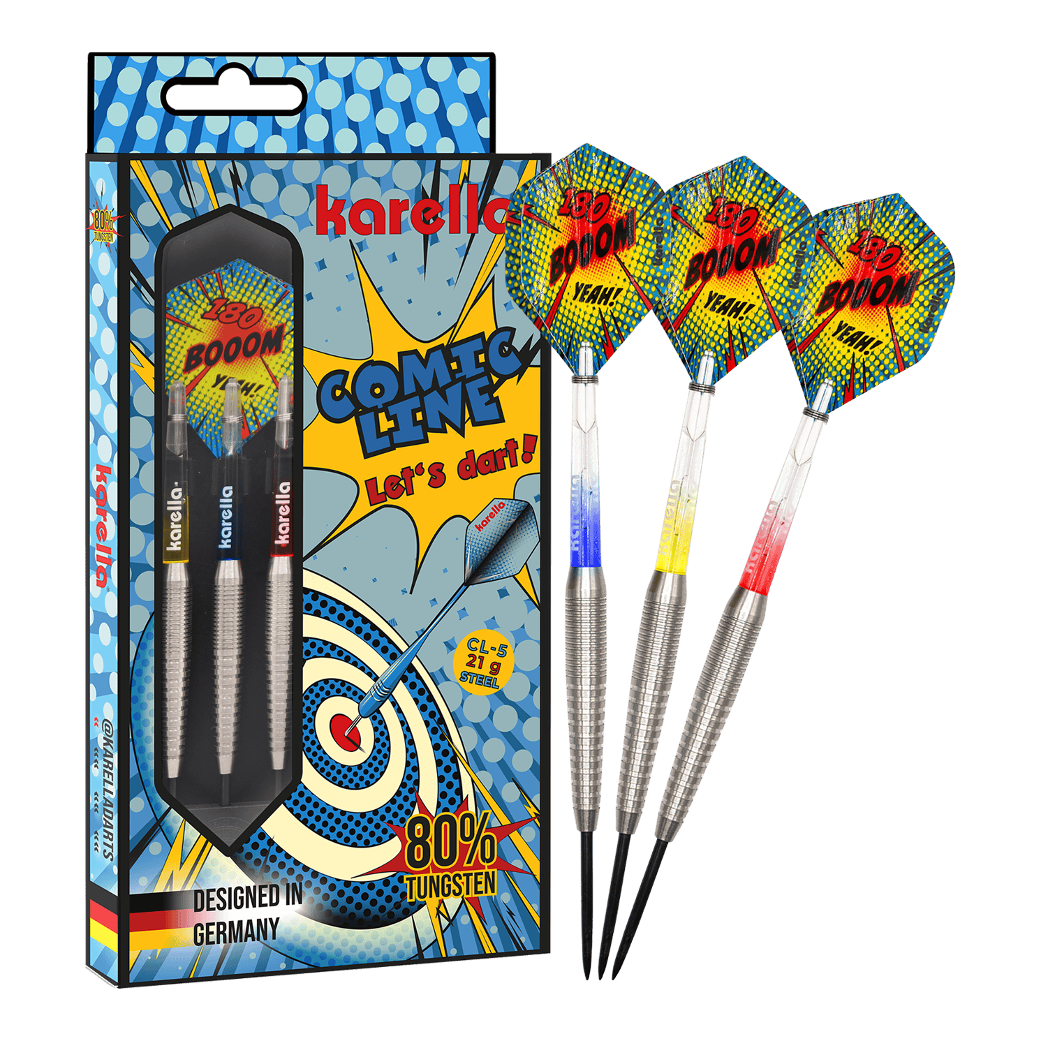 Karella Comic Line CL-5 steel darts - 21g Das Bild zeigt die Karella Comic Line CL-5 Steeldarts - 21g. Es handelt sich um ein Set moderner Steeldarts mit auffälligem Design.