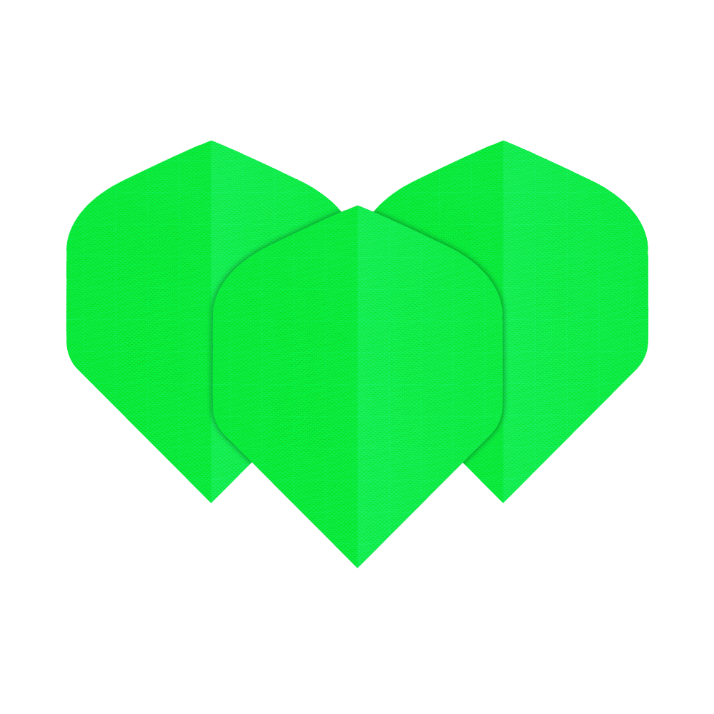 Nylon Fabric Flights N5 - Standard - Neon Green Das Bild zeigt drei neongrüne Nylon-Stoff Flights in der Form N5. Sie sind nebeneinander angeordnet und leuchten auffällig.