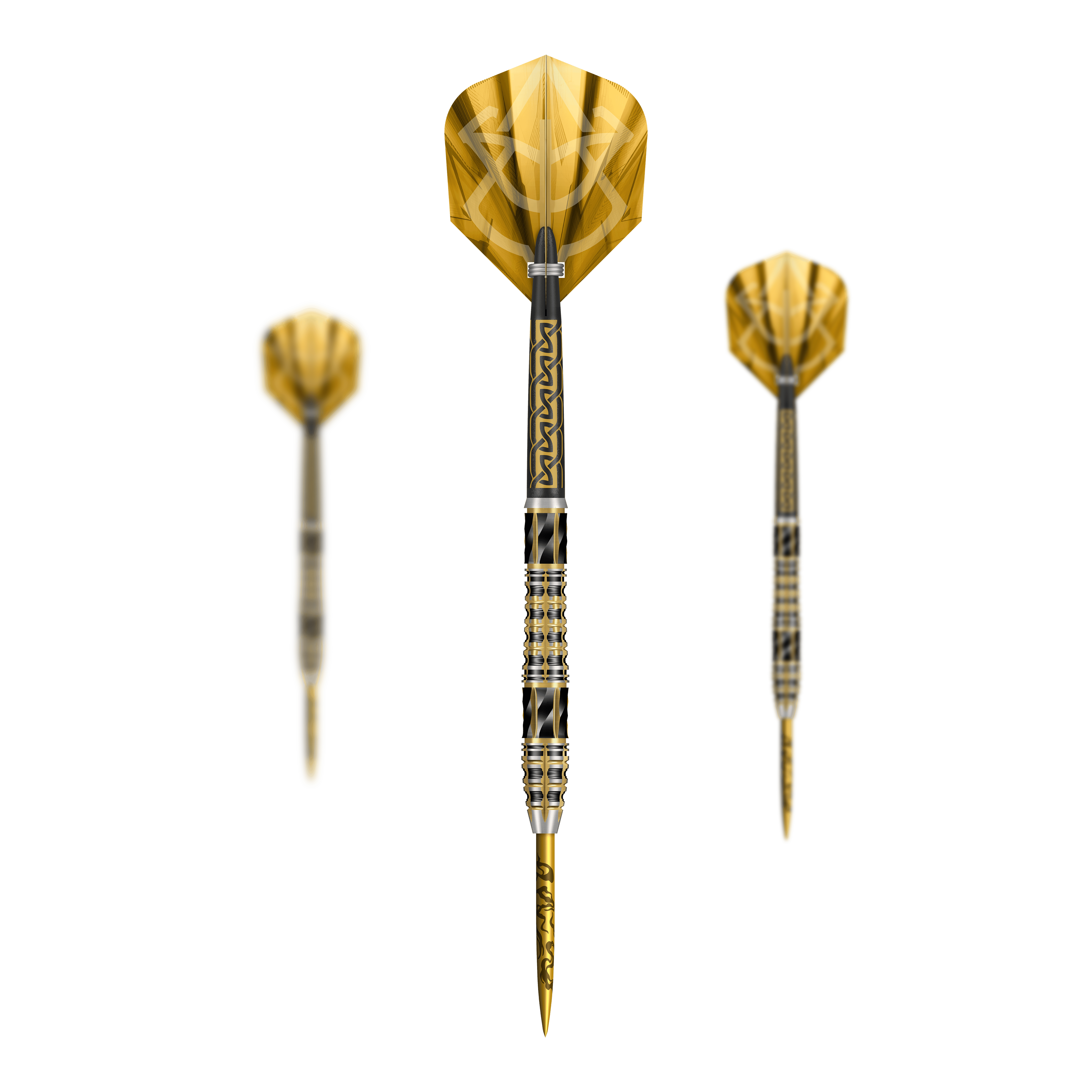 Auf dem Bild sind die Shot Alchemy Auro Steeldarts als komplettes Set abgebildet. Das Set unterstreicht die besondere Gestaltung der Steeldarts.