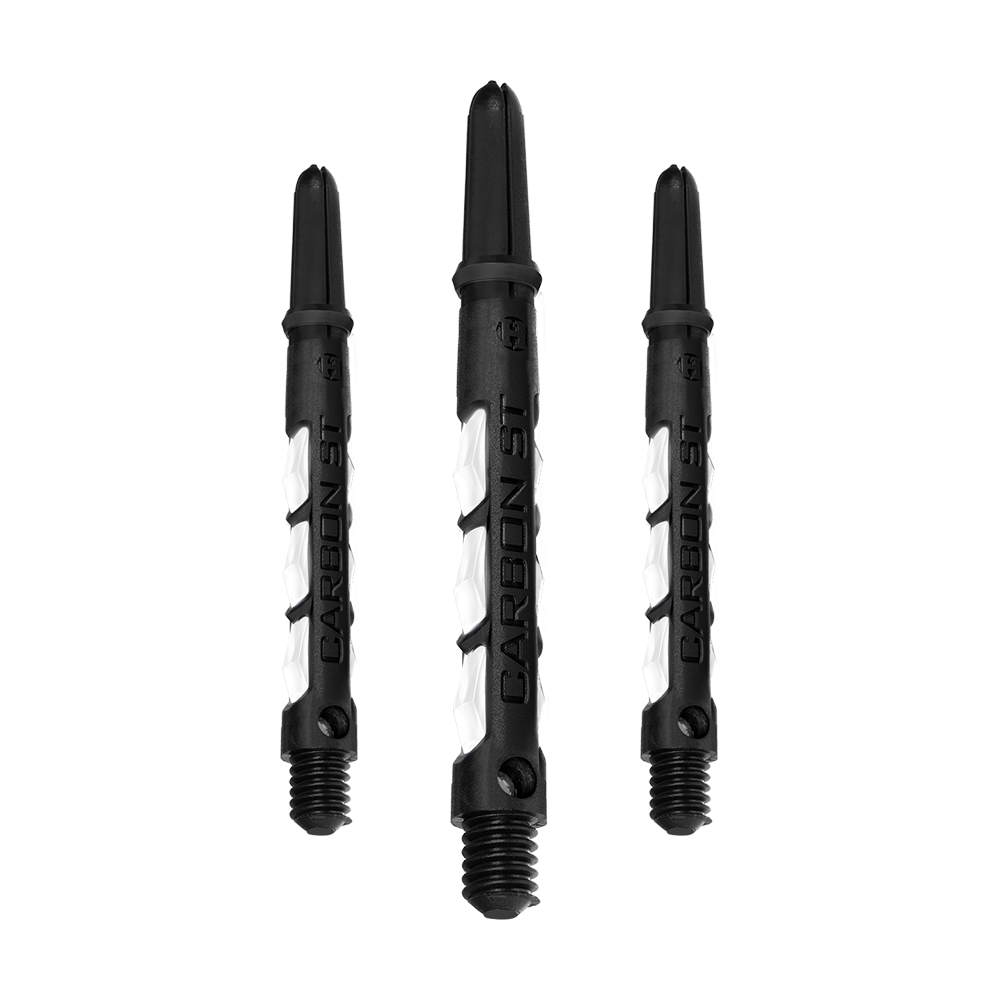 HR439_Harrows_Carbon_ST_Shafts_Weiss_47mm_13is9Gn9iaXzdc Das Bild zeigt drei Harrows Carbon ST Shafts in Weiß. Die Dartschäfte sind schwarz mit weißen Akzenten und dem Schriftzug "CARBON ST".