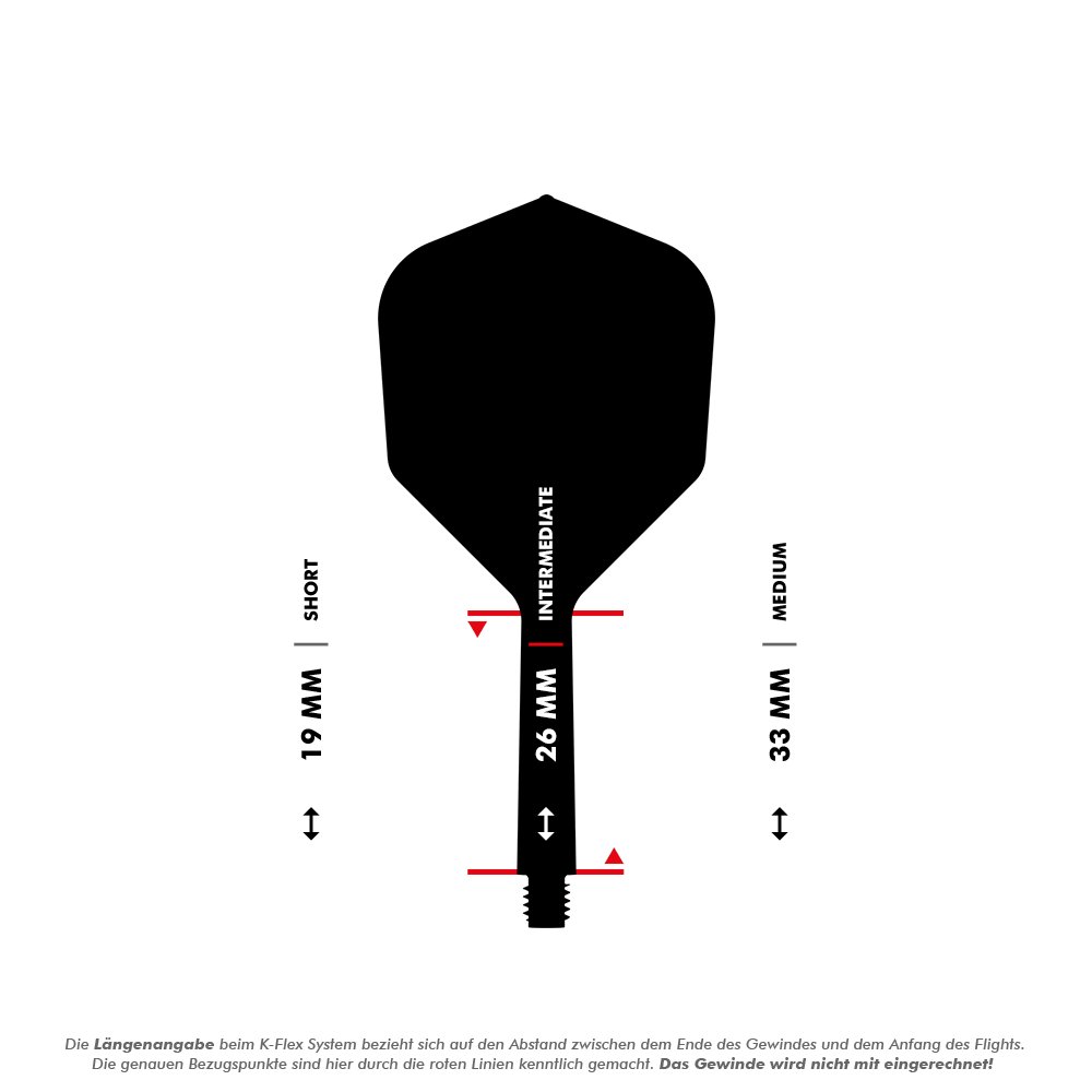 Target K-Flex No2 Standard Flight System - Green Das Bild zeigt eine Dart-Flightschafte mit Längenangaben in Millimetern. Es werden die drei Längen "Short" (19 mm), "Intermediate" (26 mm) und "Medium" (33 mm) dargestellt.