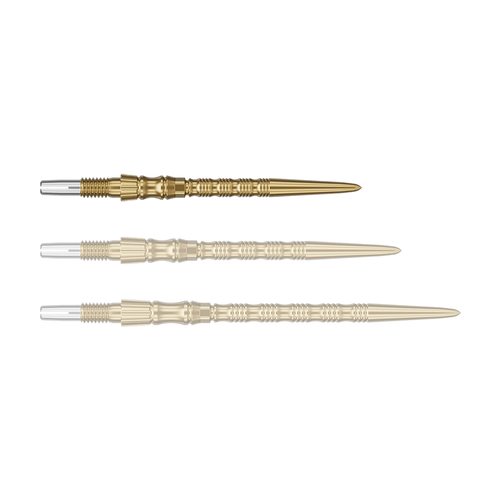 Target Signature Swiss Point TRB steel dart tips - gold Ein einzelner Target SwissPoint Signature TRB Dartspitze in Gold mit 30mm Länge wird gezeigt. Die Spitze ist detailliert abgebildet.