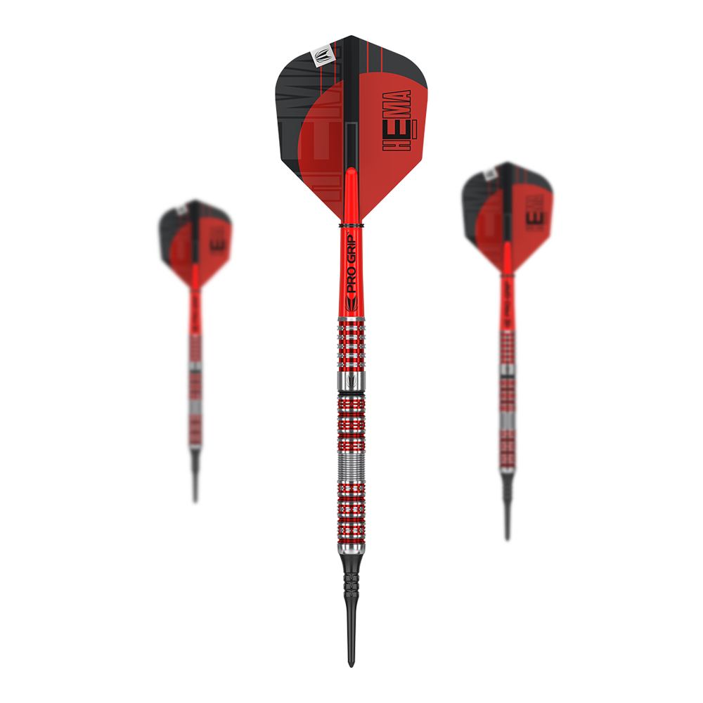 Target Hema 10 soft darts Das Bild zeigt drei Softdarts des Produkts "Target Hema 10". Die Darts sind in Rot und Silber gestaltet und haben schwarze Spitzen.