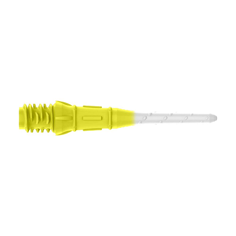 L-Style Premium Two Tone Lippoints (Pack of 30) Das Bild zeigt eine zweifarbige Dartspitze mit gelbem und weißem Bereich. Der hintere Teil ist gelb, während die Spitze weiß ist.