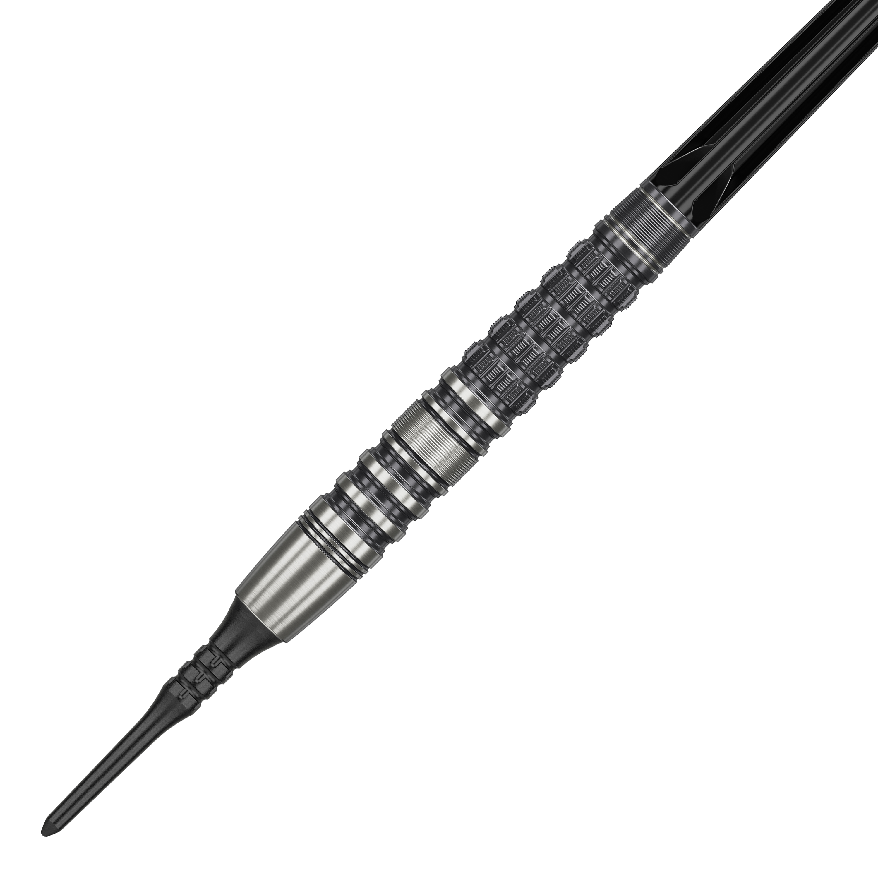 Target Japan Black Marque Lumiere GEN3 Soft Darts - 18.5g Das Bild zeigt einen Target Japan Black Marque Lumiere GEN3 Softdart mit einem Gewicht von 18,5g. Der Dart ist aus Metall gefertigt und besitzt ein detailliertes, strukturiertes Griffdesign.