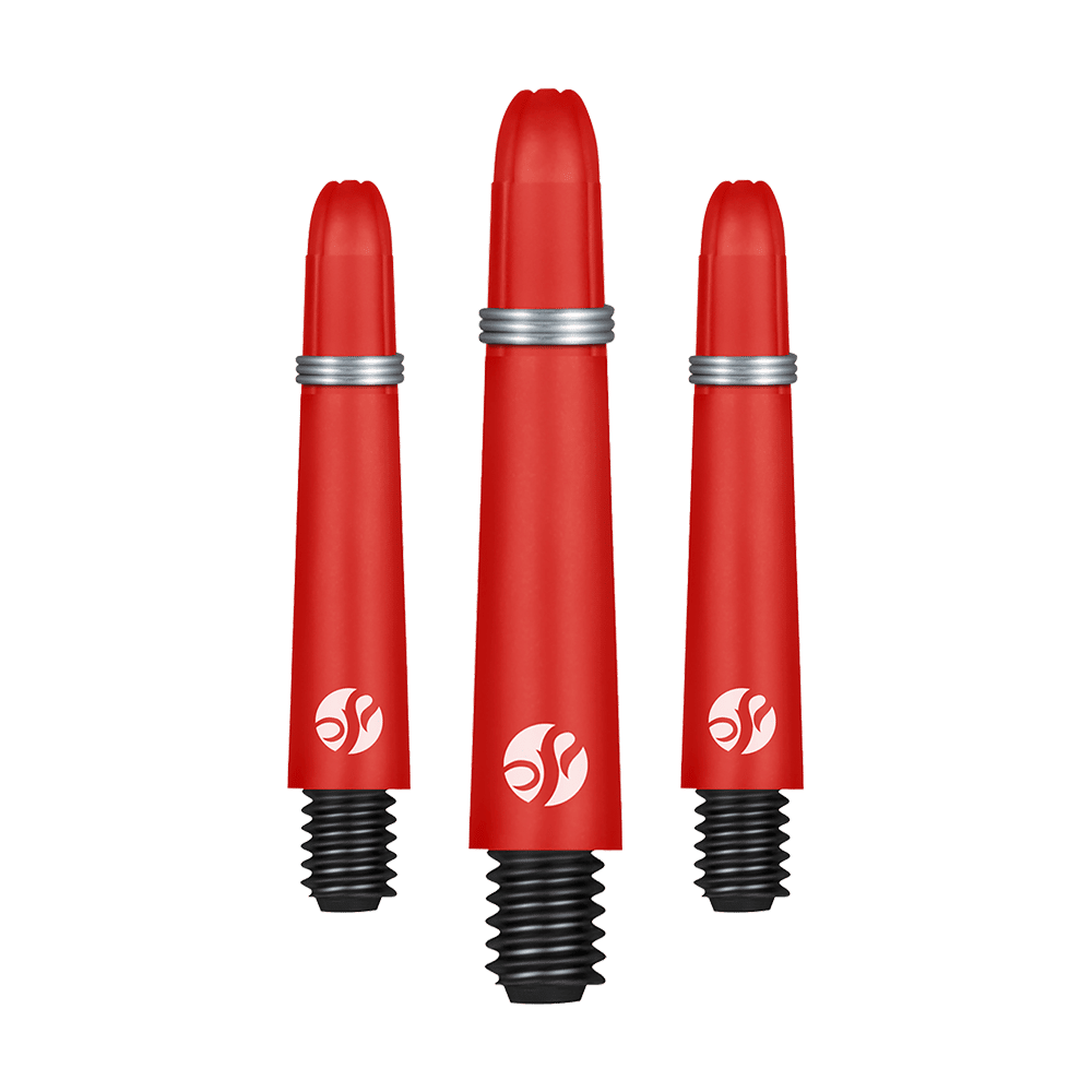 Shot Koi Carbon Shafts - Red Das Bild zeigt drei rote Dartshafts mit silbernen Ringen und schwarzem Gewinde. Sie sind in verschiedenen Längen angeordnet und haben ein weißes Logo aufgedruckt.