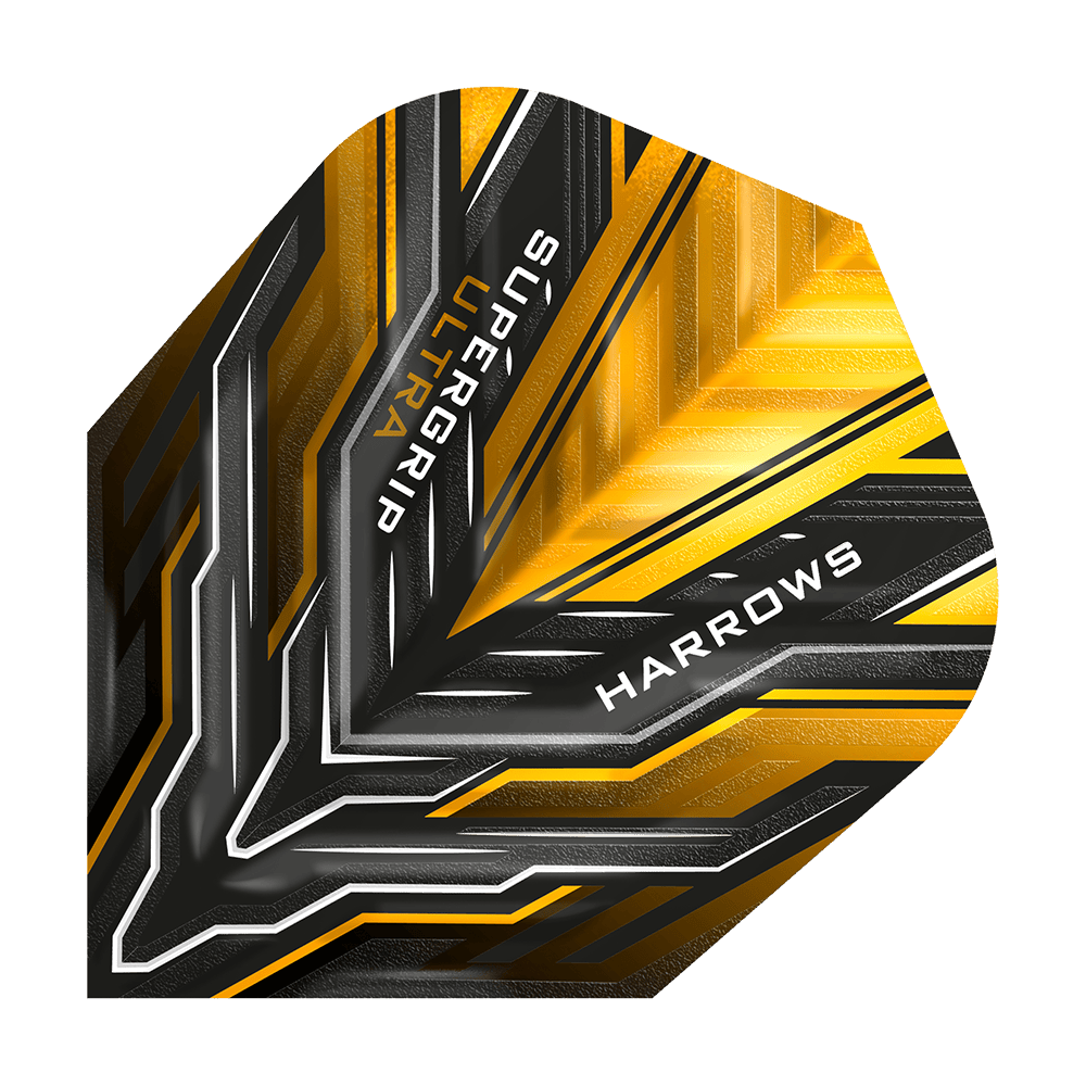 HR12_Harrows_Supergrip_Ultra_Sunset_Gold_Standard_Flights_1iQepwXjx1KEmJ Dies ist das Produkt "Harrows Supergrip Ultra Sunset Gold Standard Flights". Das Flight hat ein modernes Design in Schwarz, Gold und Silber mit dem Markennamen und Produktnamen darauf.