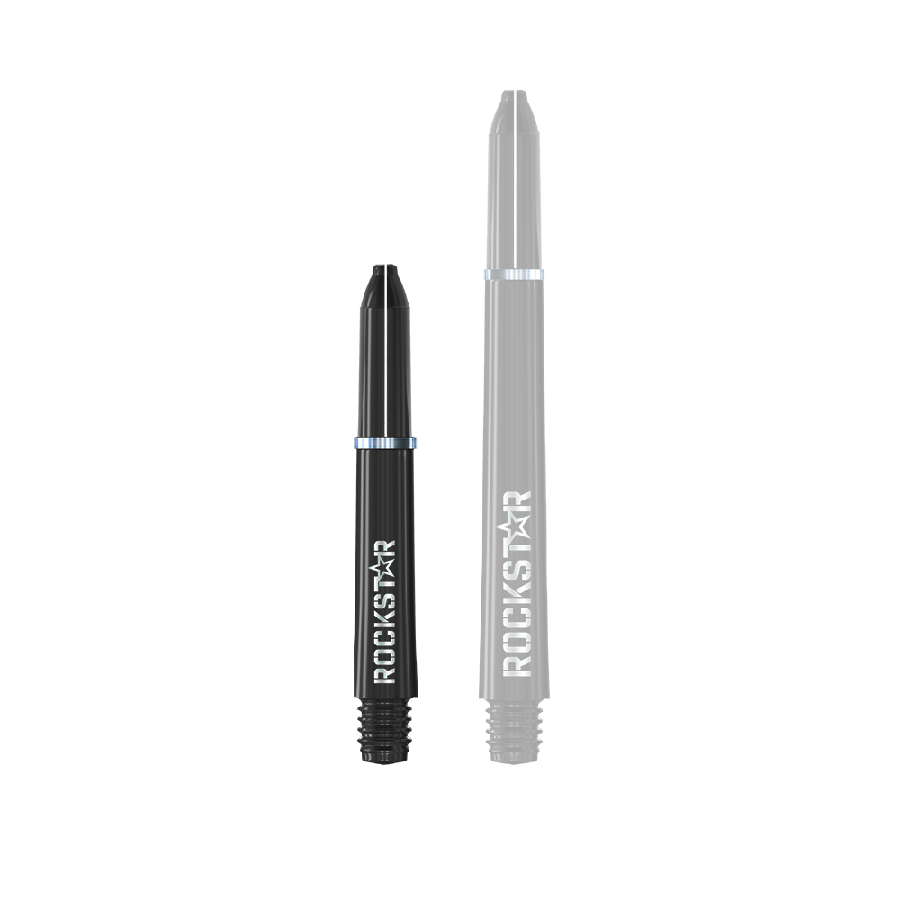 Winmau Joe Cullen Rockstar Nylon Shafts Black Das Bild zeigt zwei schwarze Dartschäfte mit der Aufschrift "ROCKSTAR". Die Schäfte sind unterschiedlich lang und haben silberne Ringe.