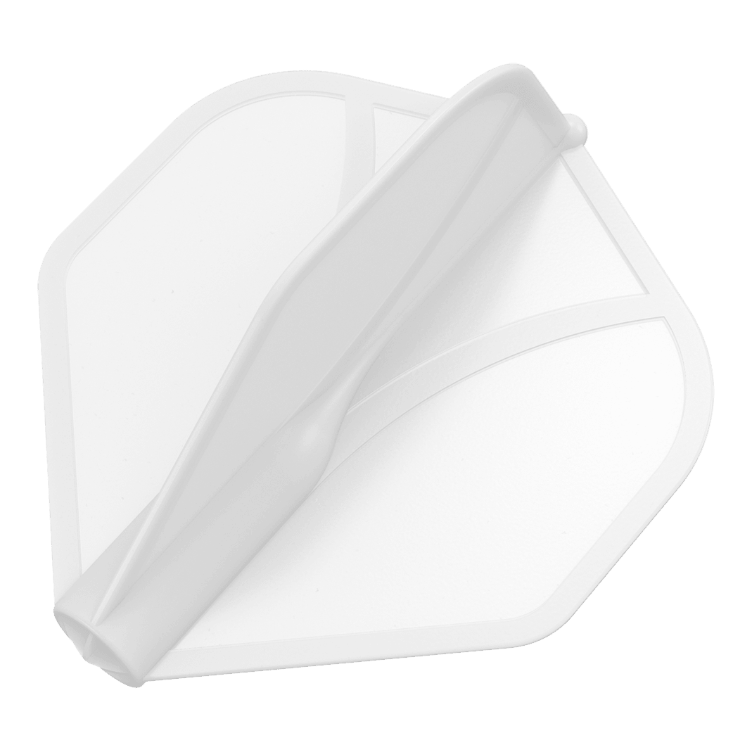 Shot Airfoil Molded No2 Standard Flights Das Bild zeigt eine transparente Dart-Flügel. Er hat eine aerodynamische Form und ist hauptsächlich weiß.
