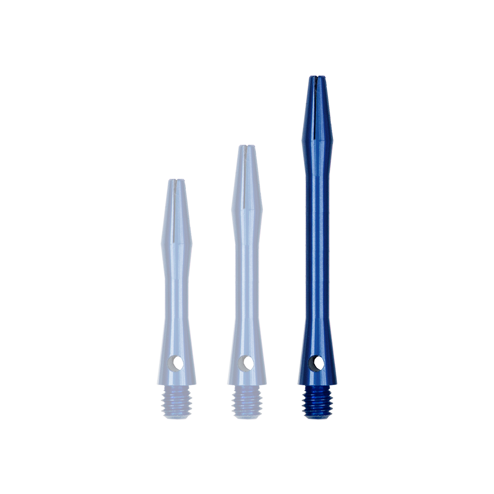 514_Aluminium_Shafts_Blau_46mm_1 Auf dem Bild sind drei blaue Aluminium-Schäfte in unterschiedlichen Längen zu sehen. Sie haben ein Gewinde am unteren Ende und sind jeweils mit einem Loch versehen.