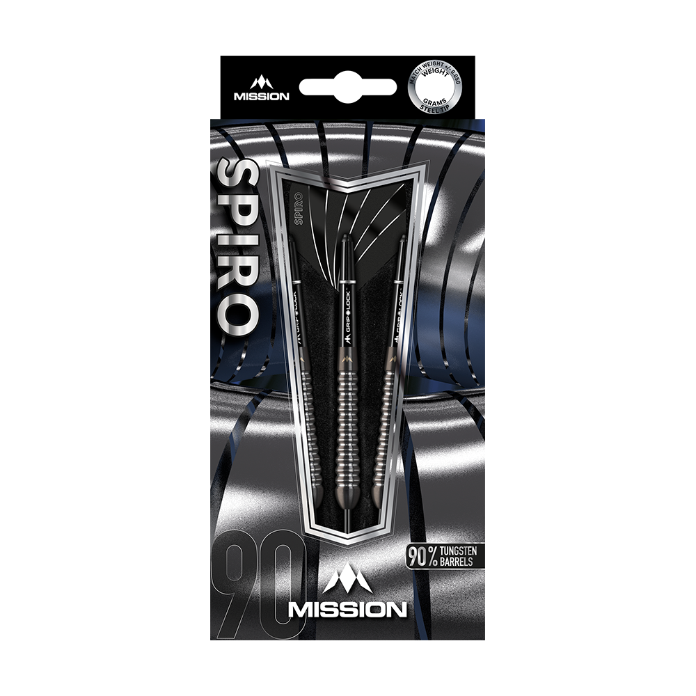 Das Bild zeigt eine Verpackung der Mission Spiro Model 2 Steeldarts mit einem Gewicht von 22 Gramm. Die Pfeile bestehen zu 90 % aus Tungsten und sind elegant in einer silber-schwarzen Box präsentiert.