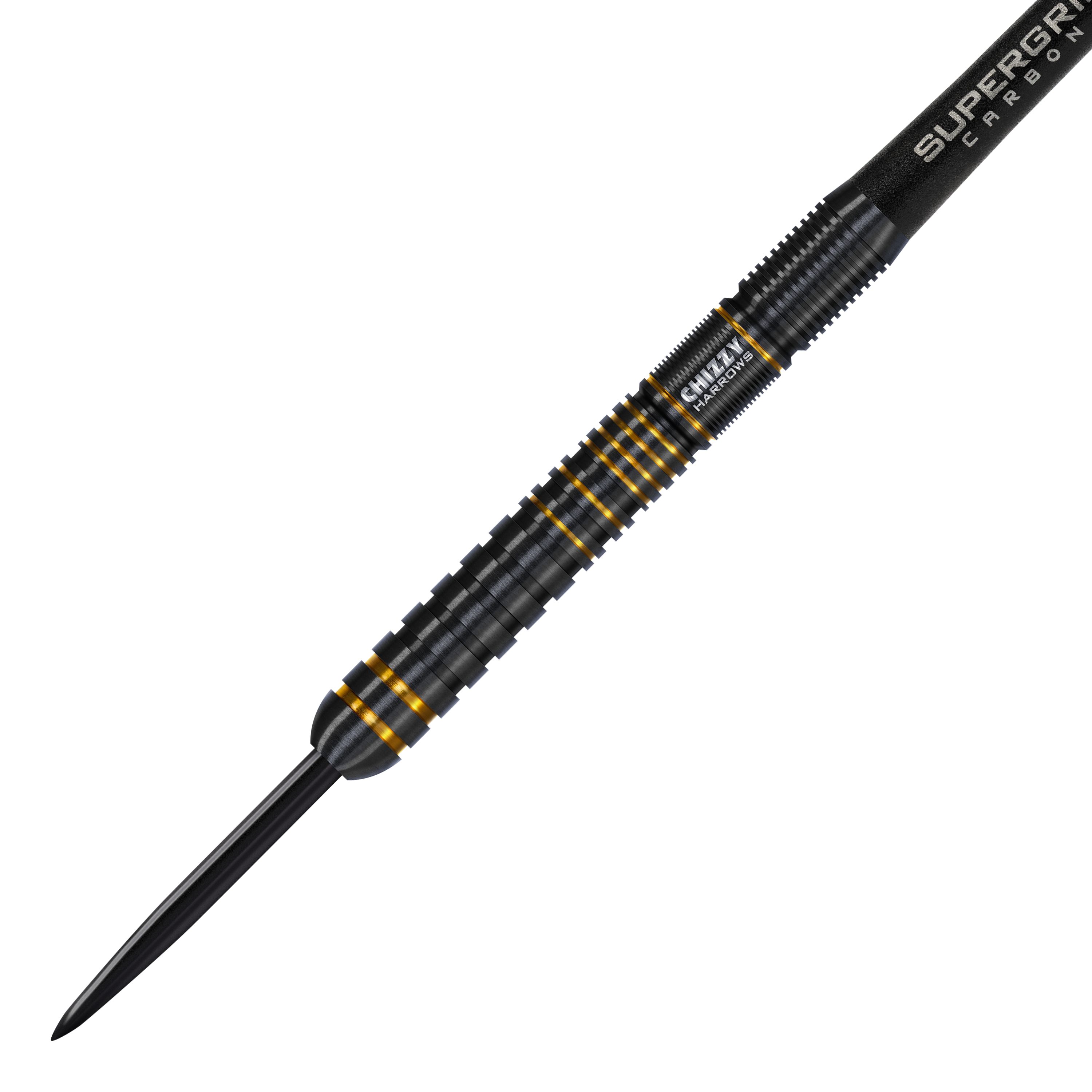 Harrow's Dave Chisnall Chizzy Series 3 steel darts Das Bild zeigt den Harrows Dave Chisnall Chizzy Series 3 Steeldart. Der Dart ist schwarz mit goldenen Akzenten und hat eine geriffelte Oberfläche für besseren Halt.