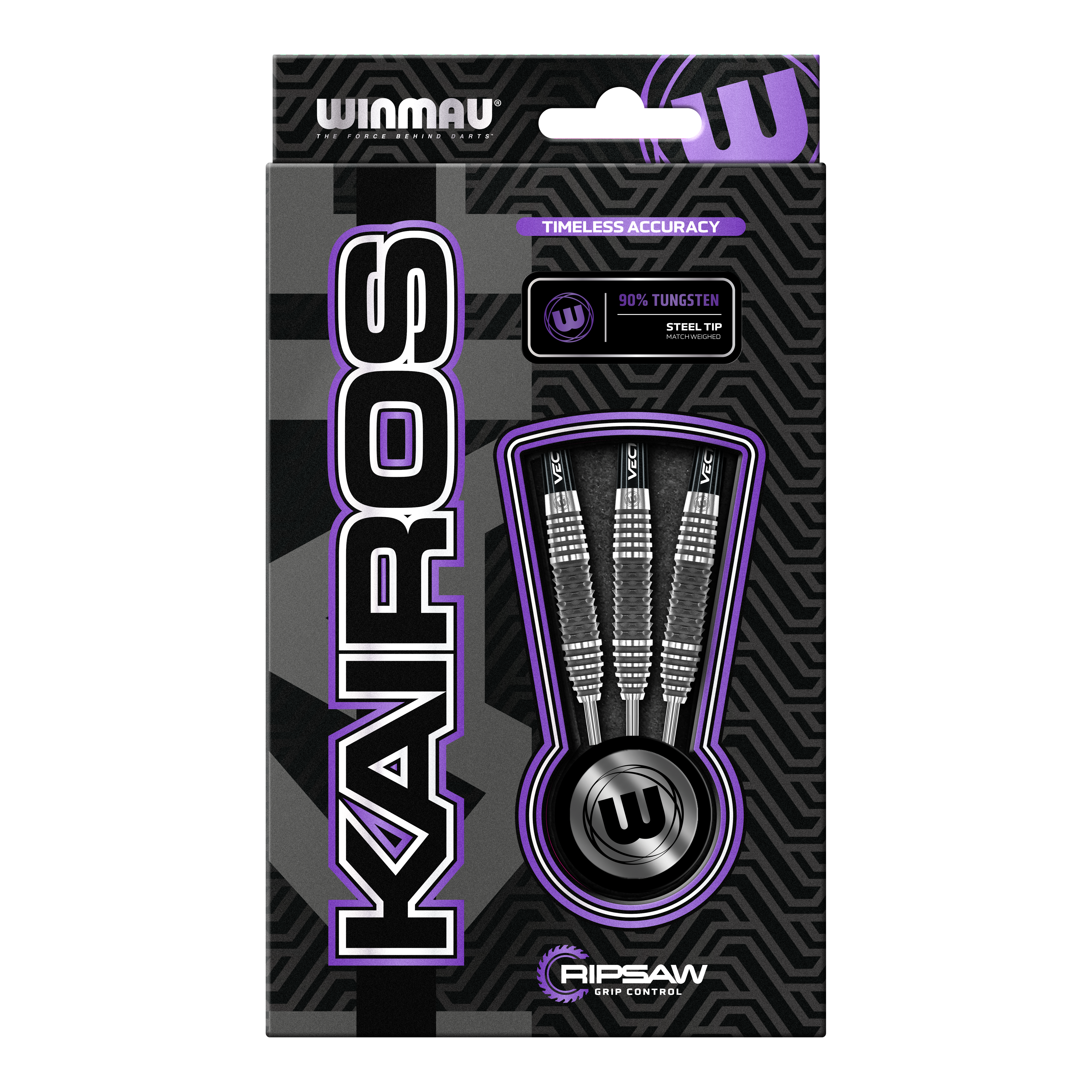 Winmau Kairos 01 Steeldarts Die Abbildung zeigt die Verpackung der "Winmau Kairos 01 Steeldarts". In der Verpackung sind drei hochwertige Steeldarts mit 90% Tungsten-Anteil zu sehen.