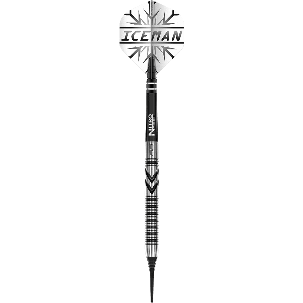 RD2471_Red_Dragon_Gerwyn_Price_Thunderbolt_Softdarts_1G5iaEOD4p8eDn Das Bild zeigt einen Red Dragon Gerwyn Price Thunderbolt Softdart mit 20 Gramm Gewicht. Auf dem Dart steht "ICEMAN" und er hat ein silber-schwarzes Design.