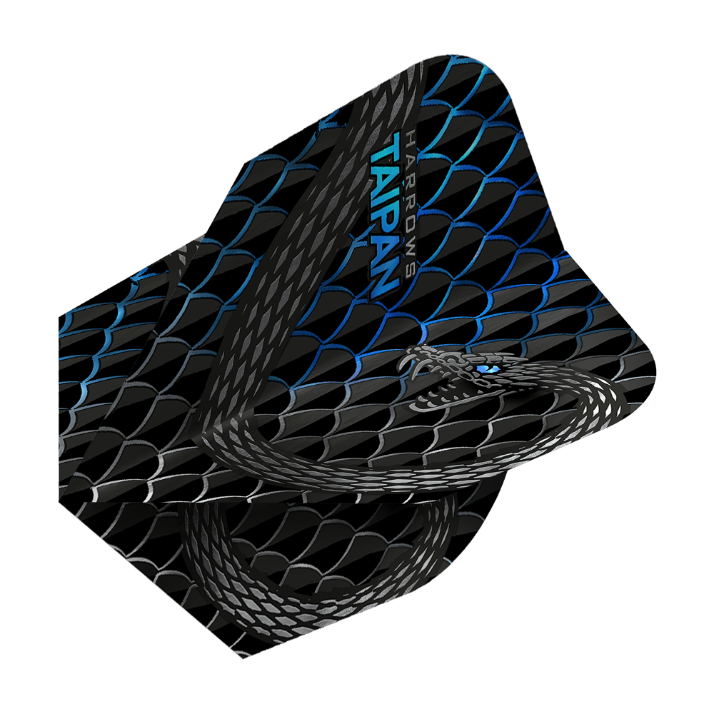 HR26_Harrows_Taipan_Aqua_Standard_Flights_2 Das Bild zeigt das Produkt "Harrows Taipan Standard Flights". Das Design ist schwarz mit einem Schuppenmuster und zeigt eine stilisierte Schlange sowie den Produktnamen in blauer Schrift.