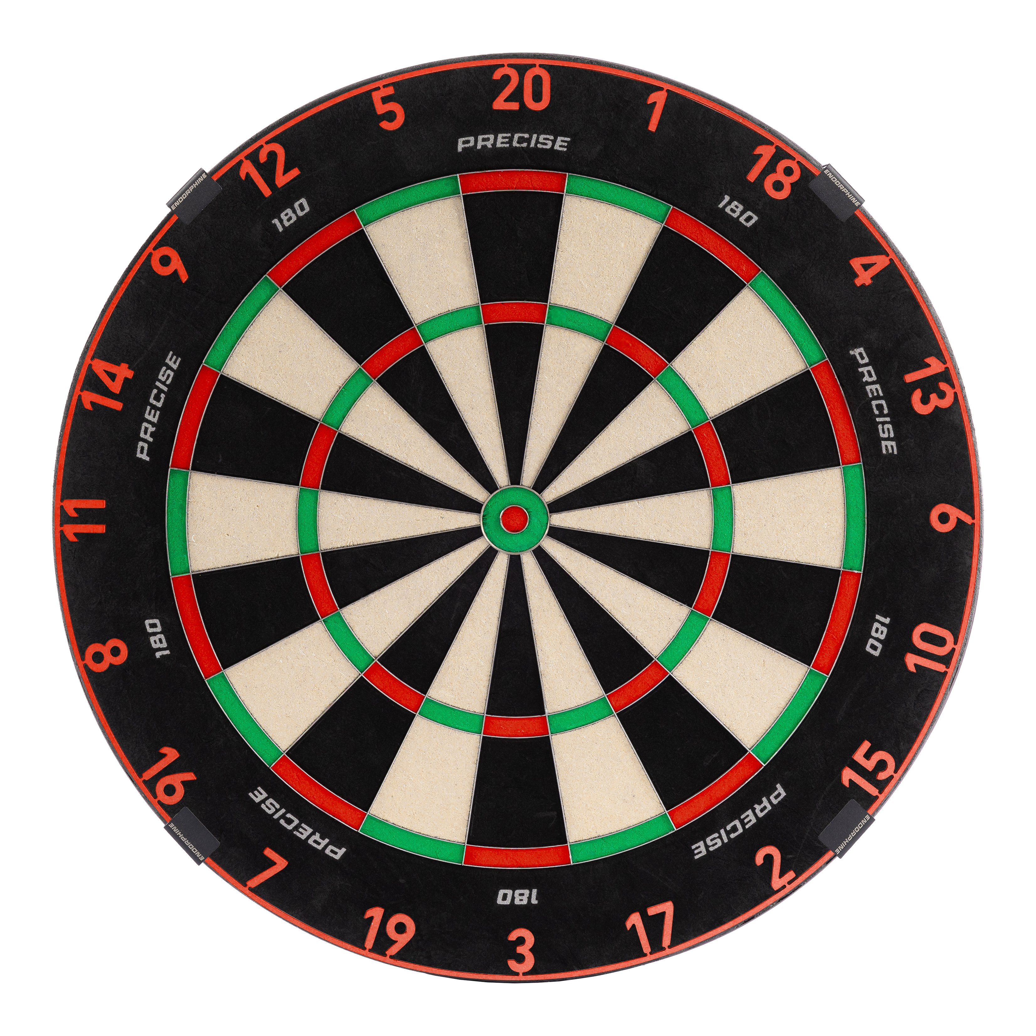 Precise 180 Endorphine steel dartboard with number ring - Inferno Red Zu sehen ist das Precise 180 Endorphine Steeldartboard mit Nummernring in Inferno Red. Es bietet eine professionelle Spielfläche für Darts.
