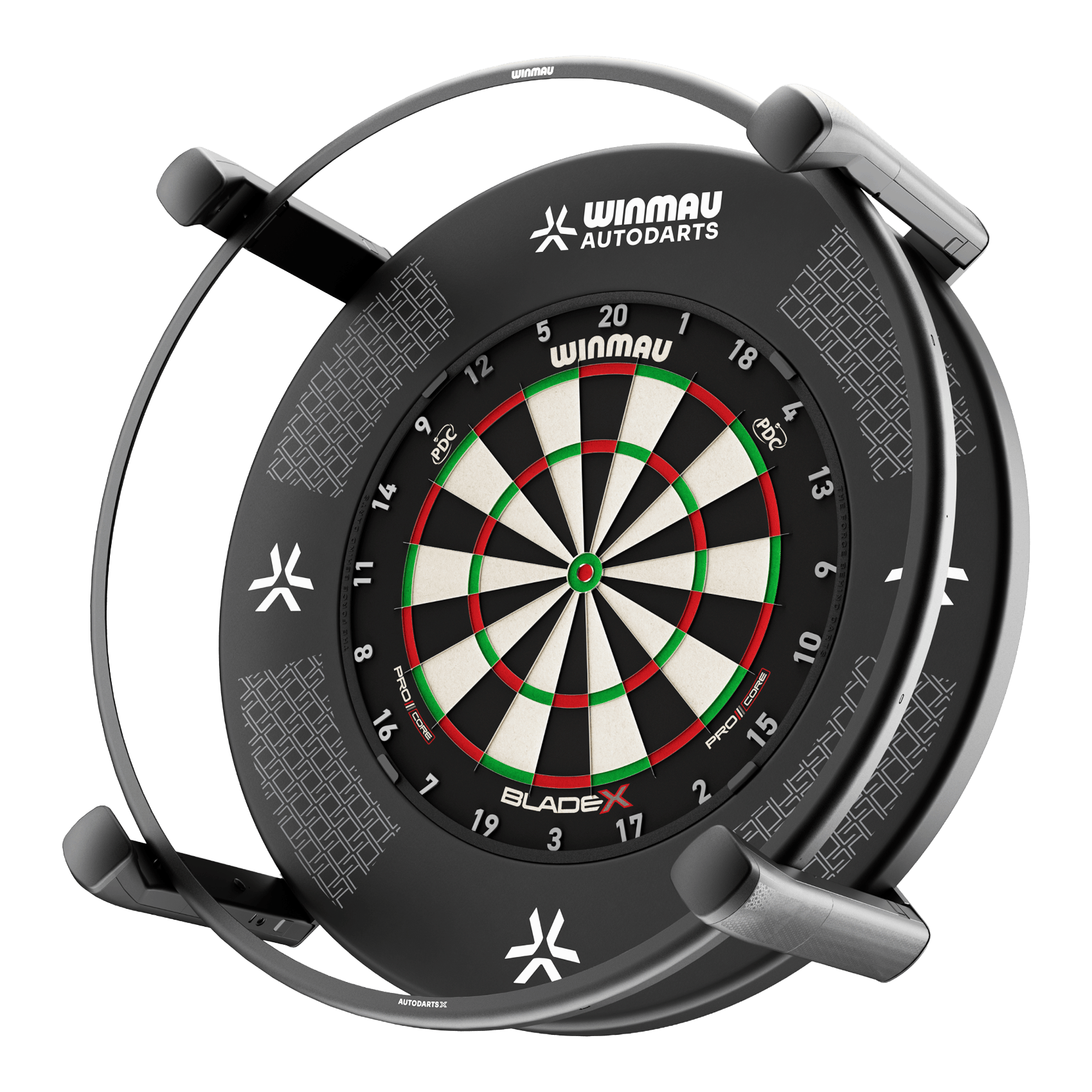 Abgebildet ist das Winmau Autodarts X Autoscoring-System. Dieses Produkt wertet Dartspiele automatisch aus.