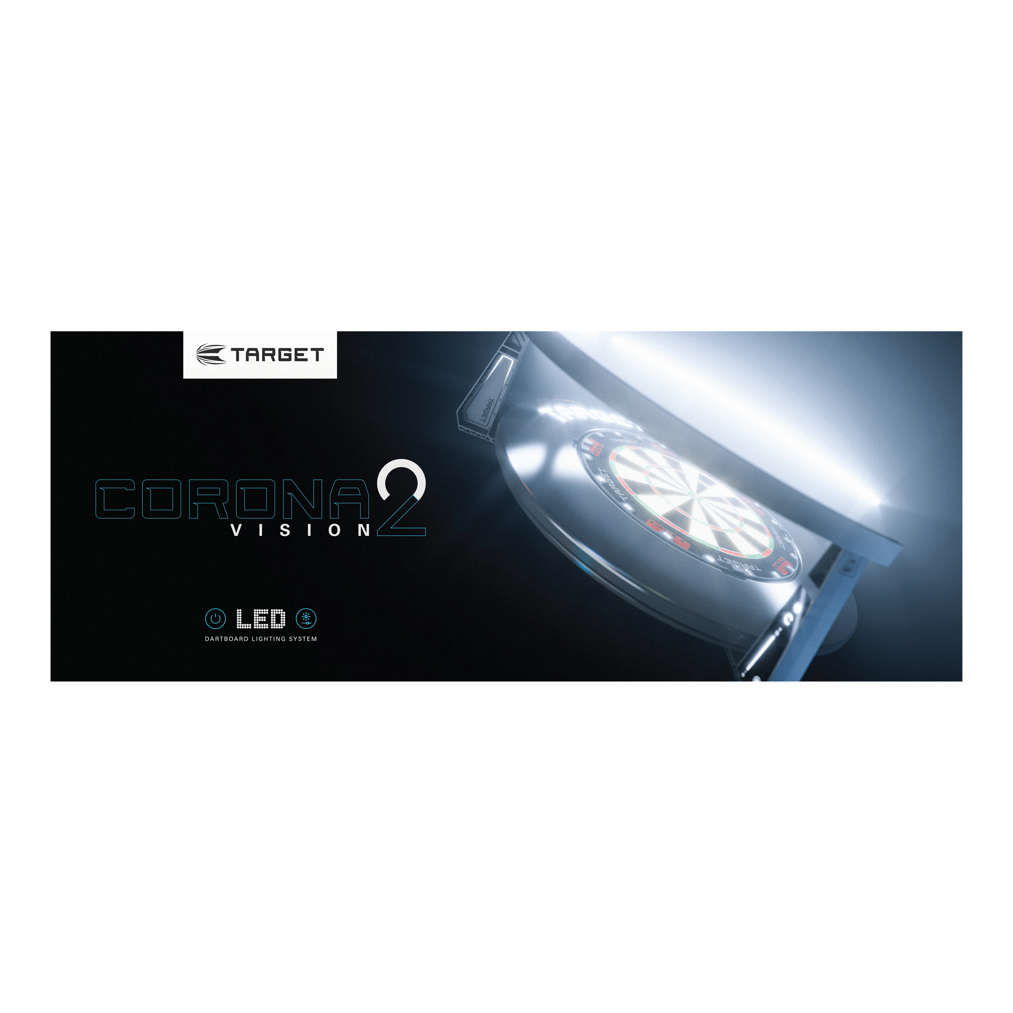 Target Corona Vision 2 lighting system Hier wird das Target Corona Vision 2 Beleuchtungssystem gezeigt. Das System liegt vor einem Dartboard.