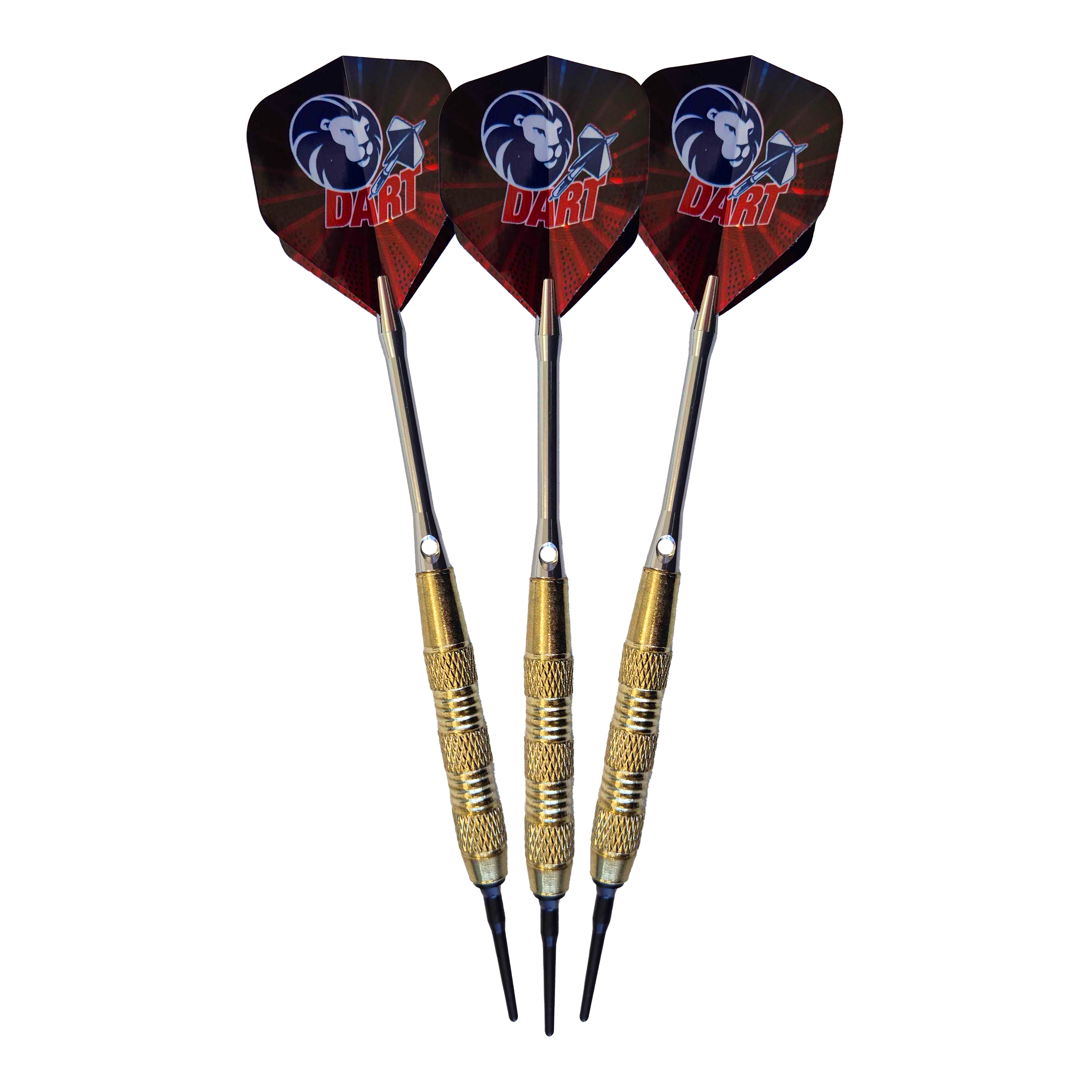 99 Löwen Soft-Tip Darts - 18g Das Bild zeigt drei 99 Löwen Soft-Tip Darts mit einem Gewicht von 18g. Die Flights sind schwarz-rot und mit einem Löwenkopf-Motiv sowie dem Schriftzug "DART" bedruckt.