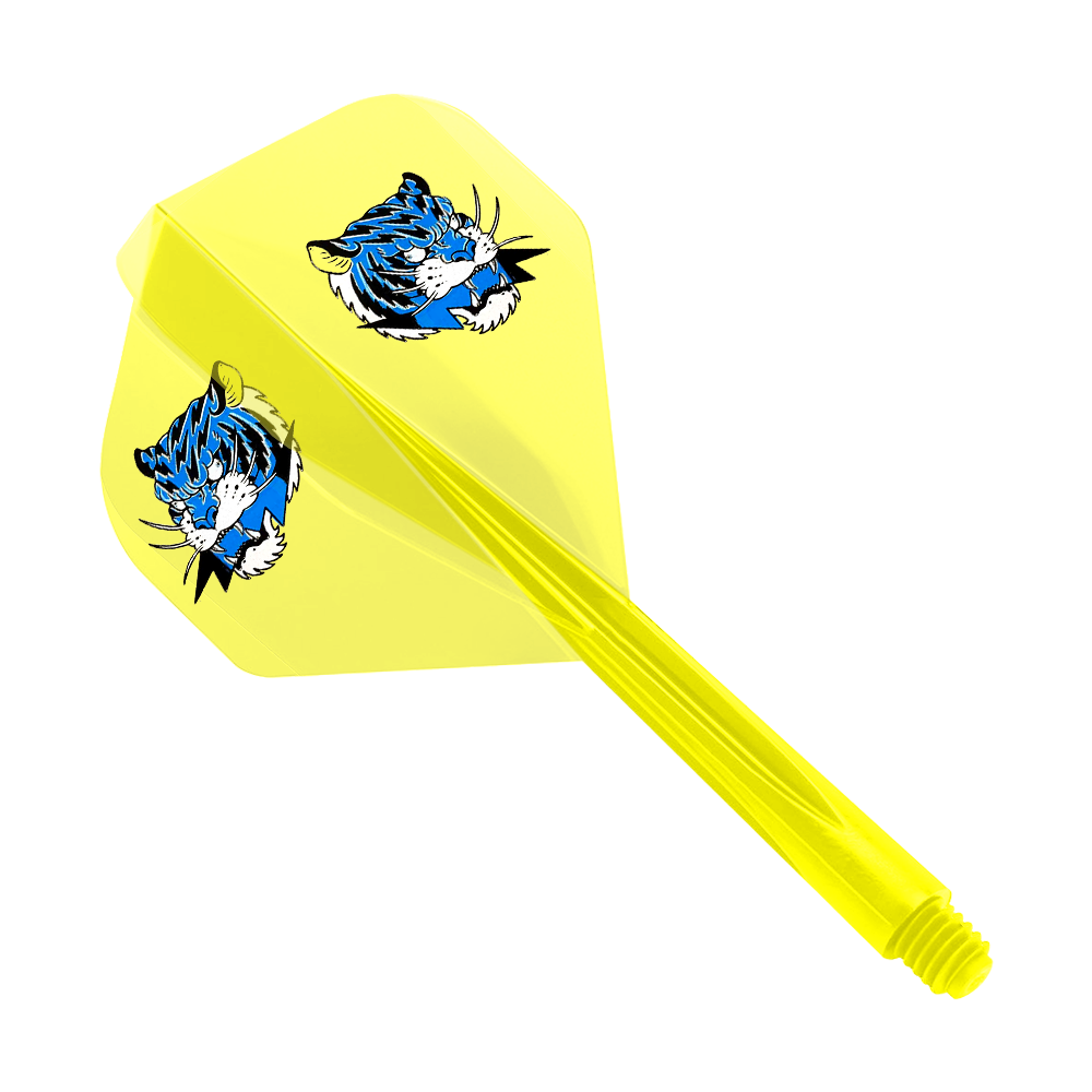 Das Bild zeigt einen gelben Dartflight mit einem blauen Tigerkopf-Motiv. Der Schaft ist transparent gelb und im kleinen Format gehalten.