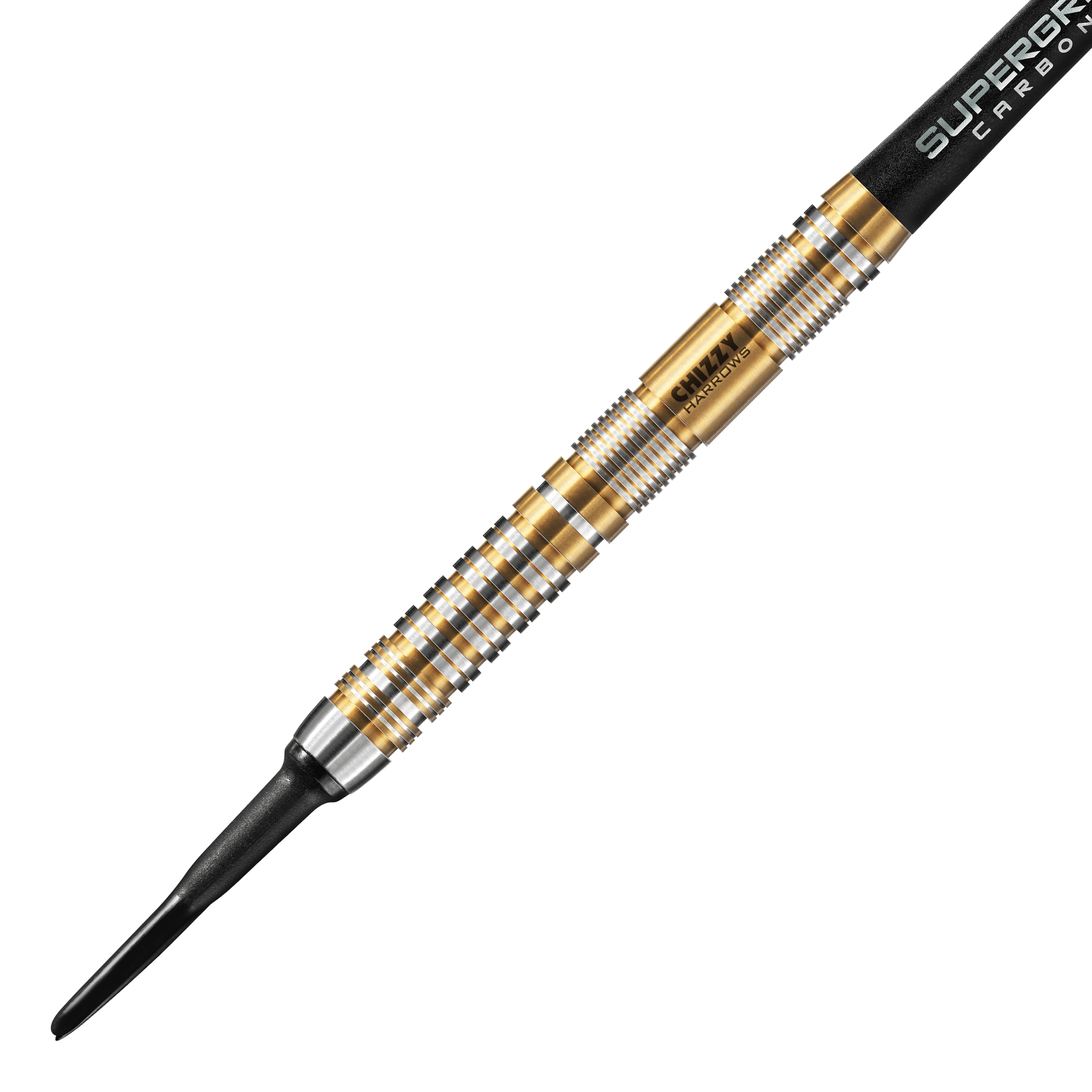 Harrow's Dave Chisnall Chizzy Series 2 soft darts Das Bild zeigt einen Harrows Dave Chisnall Chizzy Series 2 Softdart. Der Dartpfeil hat ein auffälliges Design mit goldenen und silbernen Ringen entlang des Barrels.