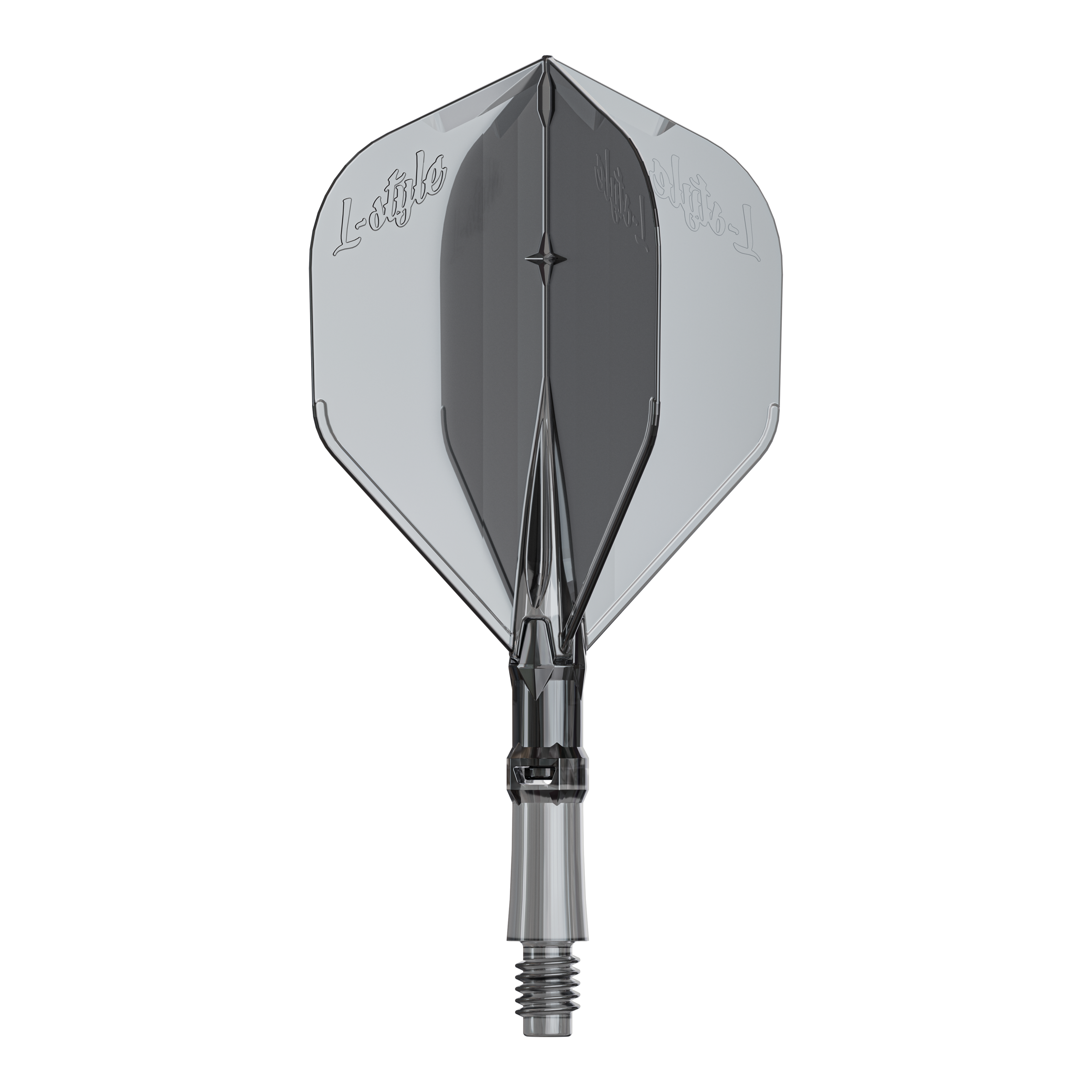 Ein Ersatz-Flights-Set für Dartpfeile ist abgebildet. Das Produkt heißt LS1062 LStyle L-System Flights ClearBlack Small.