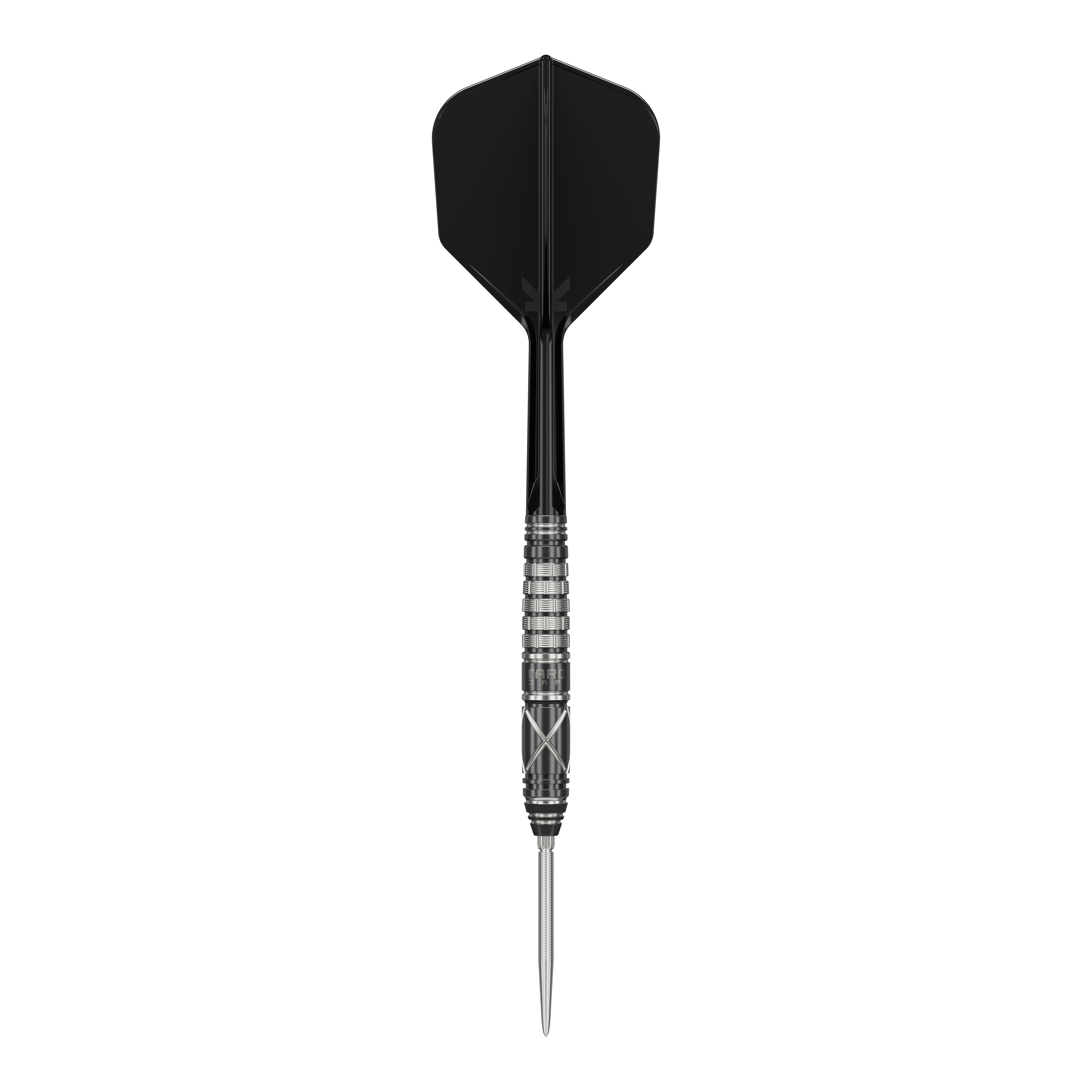 Das Bild zeigt einen stilvollen Steeldartpfeil mit schwarzer Flight und silber-schwarzem Barrel. Es handelt sich um das Produkt "Target Japan Black Marque Chaos 2 SP Steeldarts".