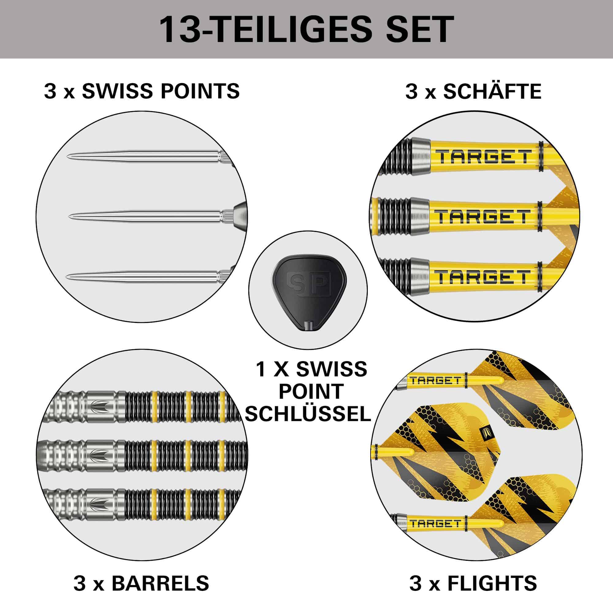 Target Buzz 02 Swiss Points steel darts Das Bild zeigt die Target Buzz 02 Swiss Points Steeldarts. Die Steeldarts werden aus einer anderen Perspektive vorgestellt.