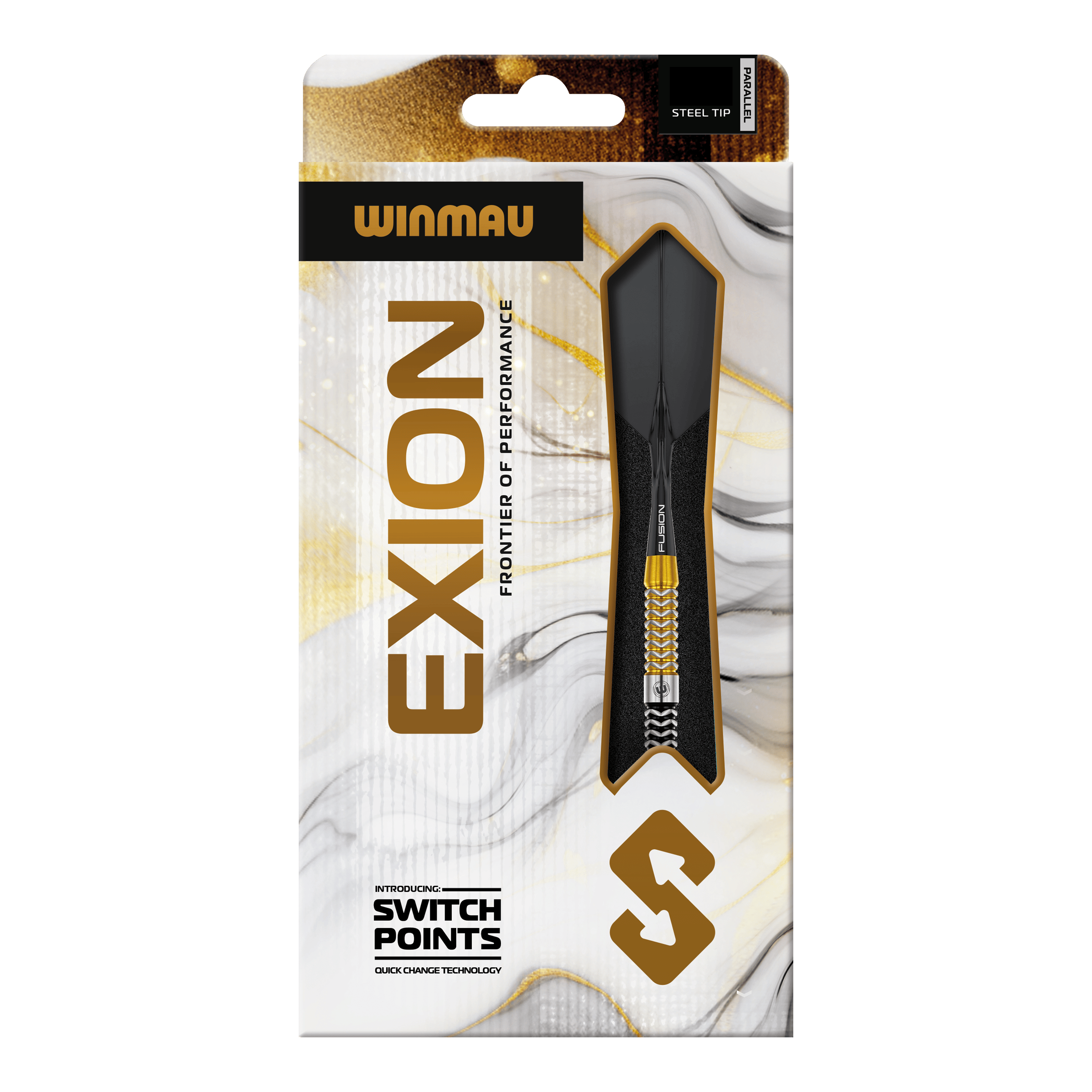 Das Bild zeigt die Winmau Exion Parallel Switch Point Steeldarts nochmals mit unterschiedlichen Details. Diese Darts überzeugen durch ihre hohe Qualität.