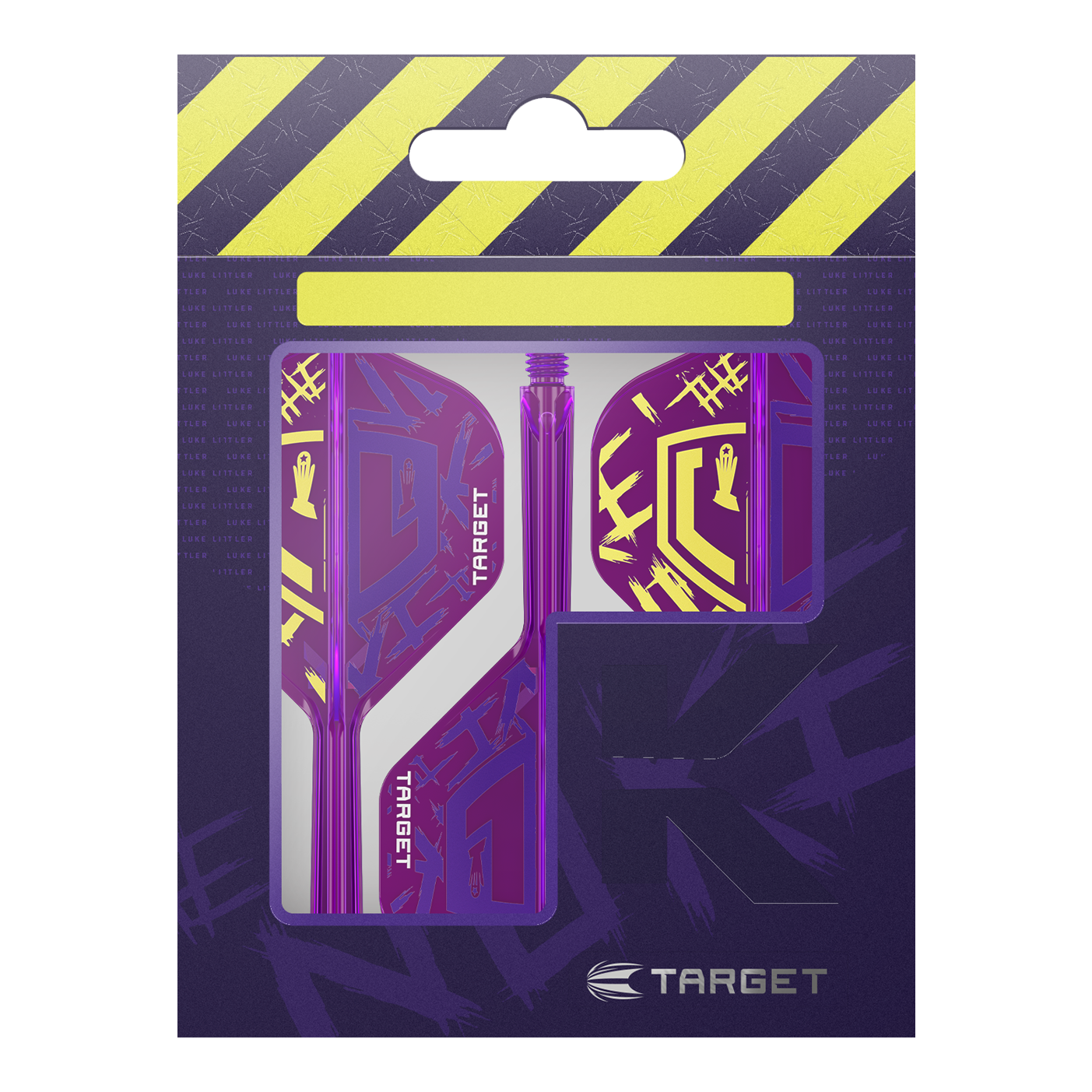 Target K-Flex Luke Littler World Champion 2025 No2 Standard Flights Die Abbildung zeigt die "Target K-Flex Luke Littler World Champion 2025 No2 Standard Flights" in einer Verpackung. Die Flights sind lila mit gelben Akzenten und dem Target-Logo gestaltet.