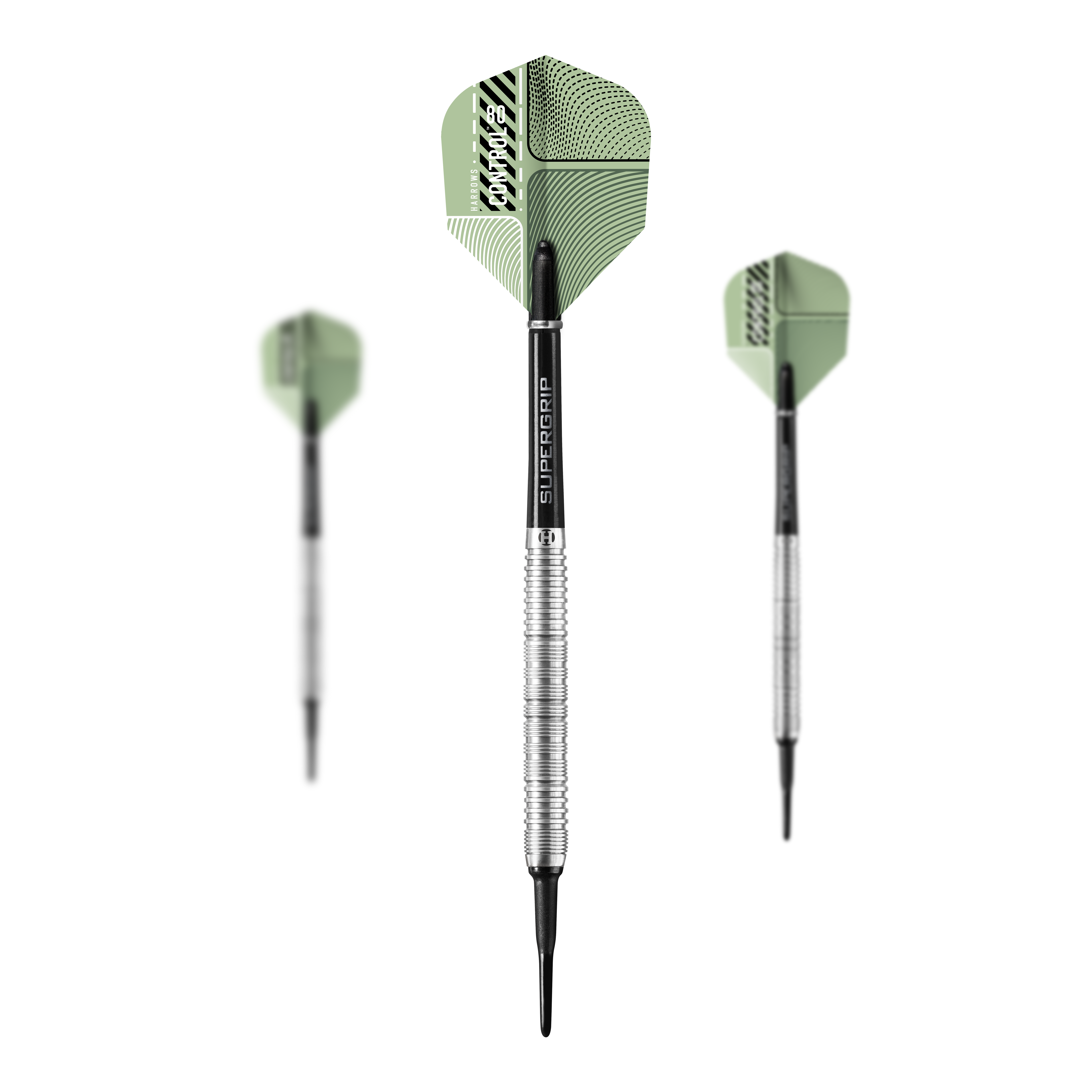 Harrows Control Parallel Softdarts Das Bild zeigt drei Harrows Control Parallel Softdarts mit grünen Flights und silbernen Griffen. Die Dartpfeile sind von vorne und von der Seite zu sehen.
