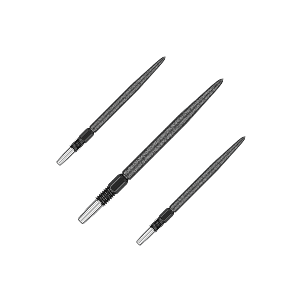 Das Bild zeigt drei schwarze Dartspitzen, die nebeneinander angeordnet sind. Die Spitzen sind schlank und haben eine gerillte Oberfläche am unteren Ende.