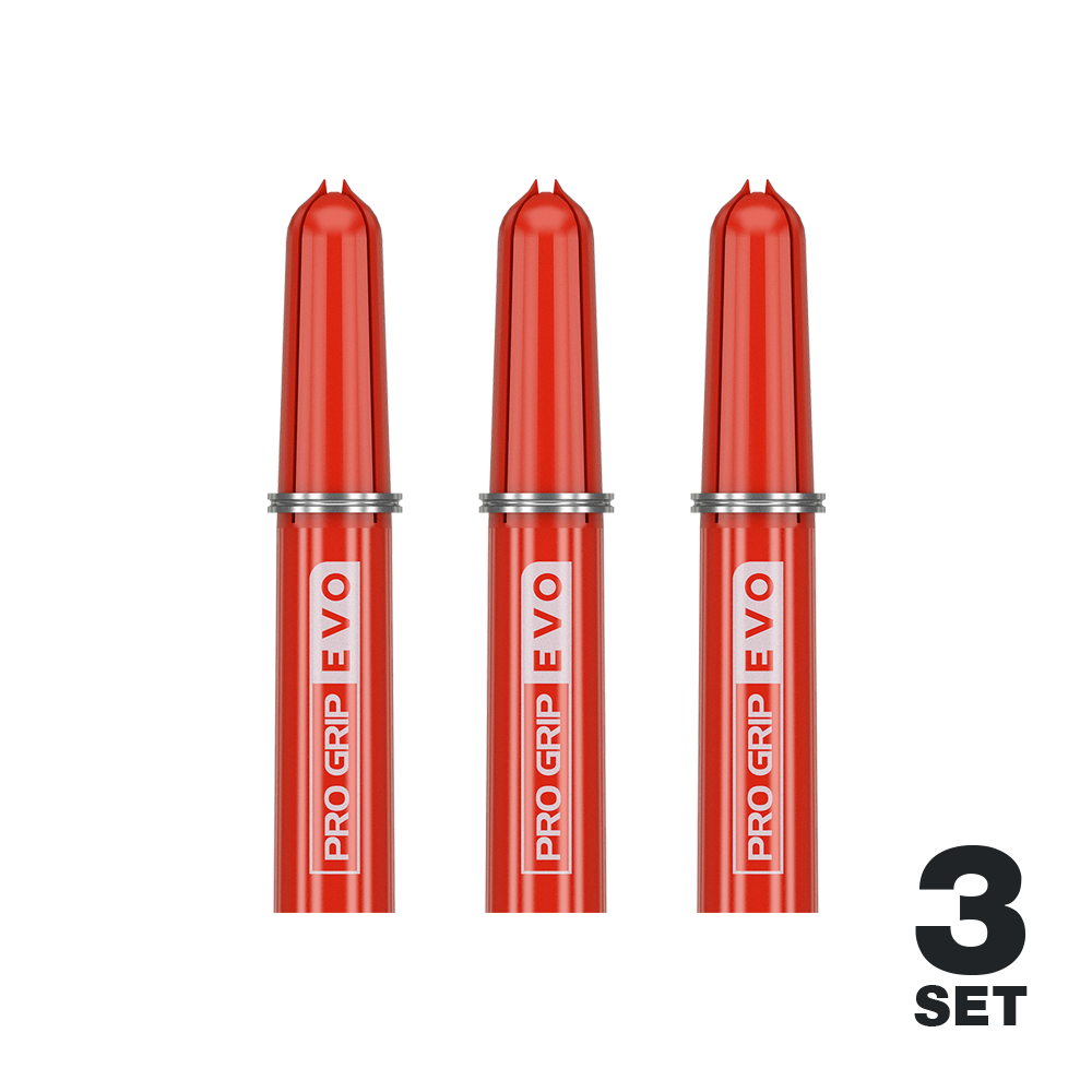 Target Pro Grip EVO Ersatztops (9er Pack) Das Bild zeigt drei rote Target Pro Grip EVO Ersatztops für Dartpfeile. Unten rechts steht "3 Set", was auf drei Sets in der Packung hinweist.